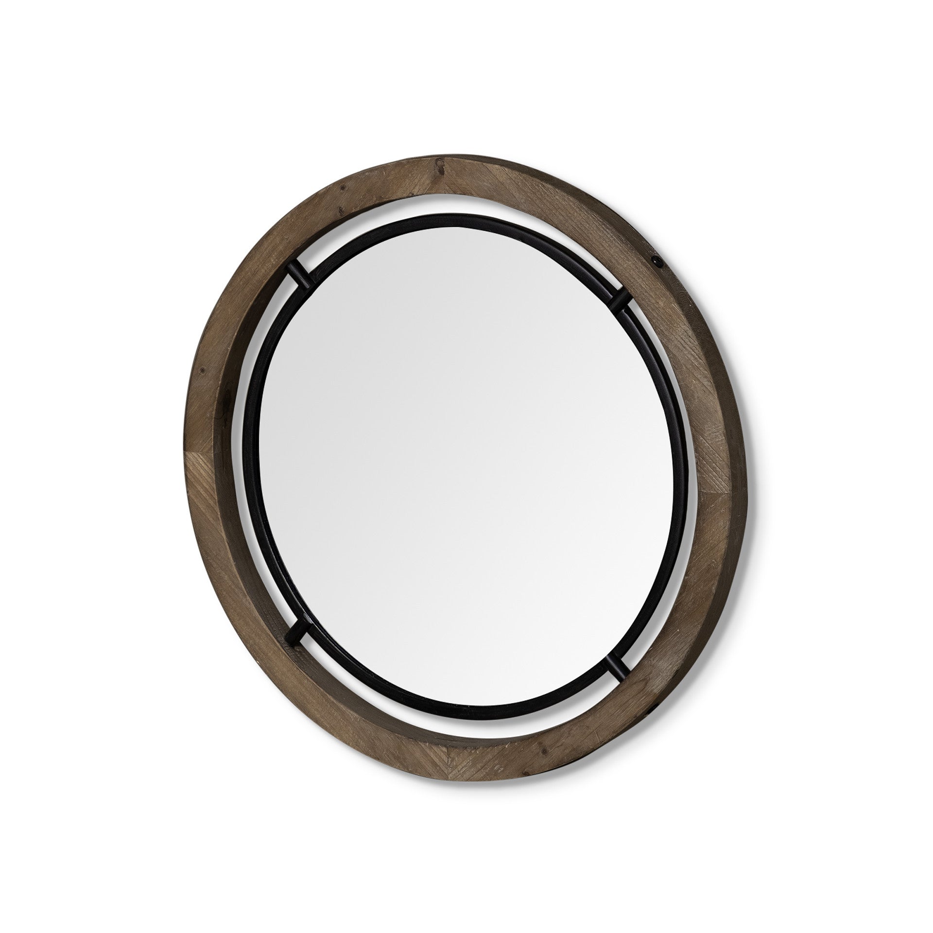 24" Brown And Black Round Metal And Wood Framed Accent Mirror-Mirrors-DECOROLALA