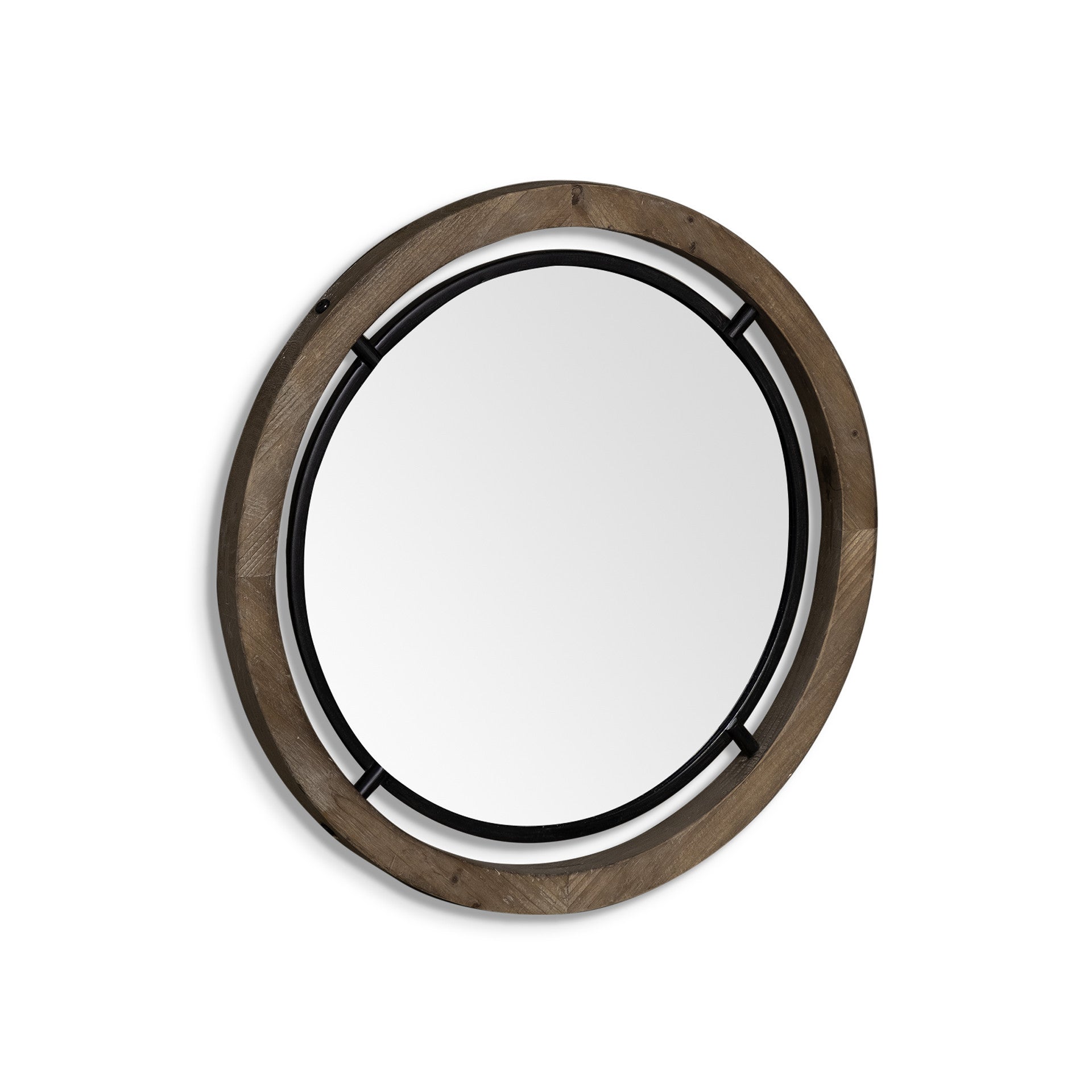 24" Brown And Black Round Metal And Wood Framed Accent Mirror-Mirrors-DECOROLALA