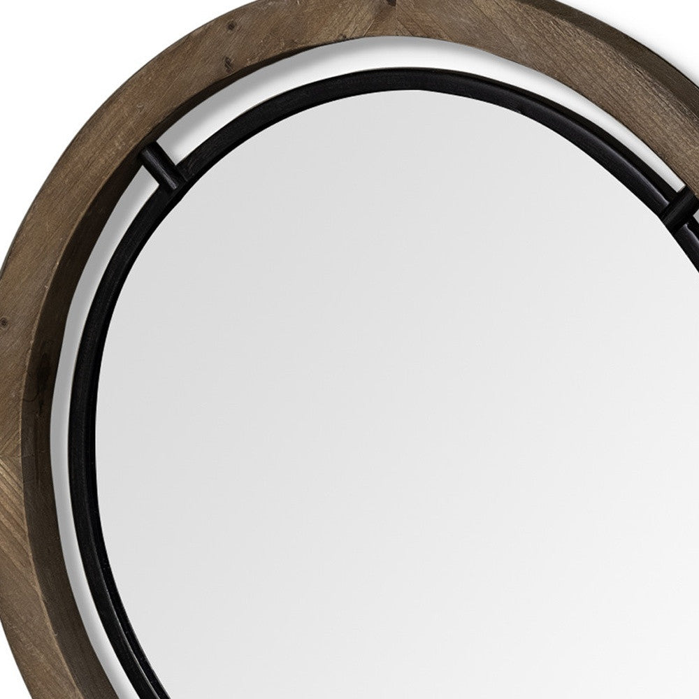 24" Brown And Black Round Metal And Wood Framed Accent Mirror-Mirrors-DECOROLALA