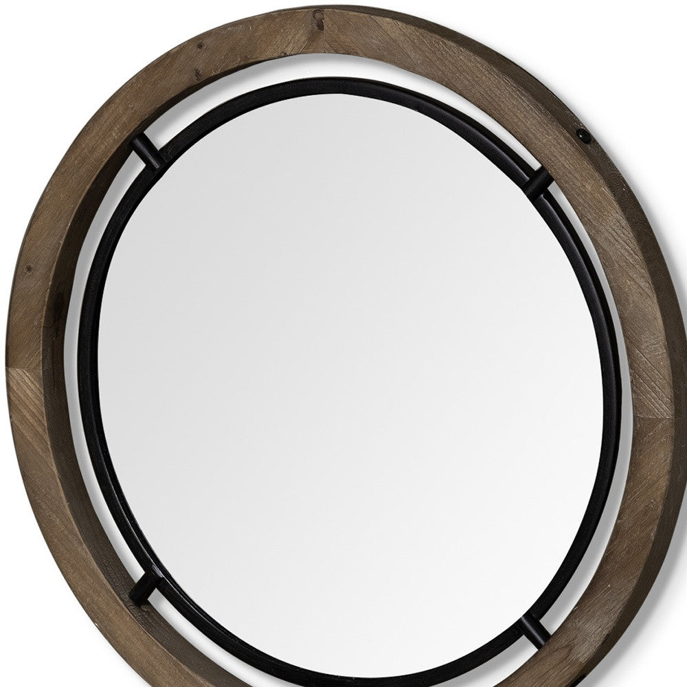 24" Brown And Black Round Metal And Wood Framed Accent Mirror-Mirrors-DECOROLALA