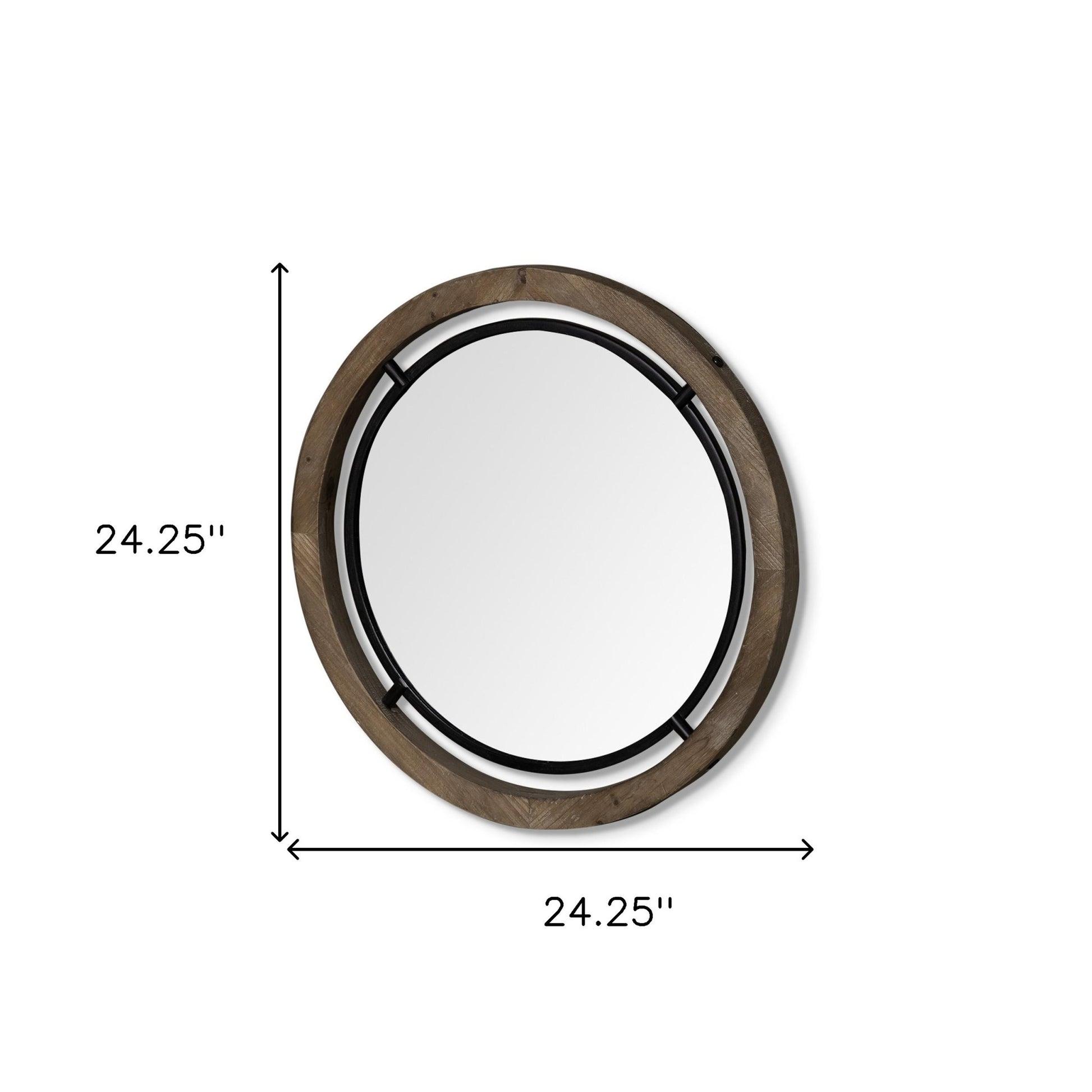 24" Brown And Black Round Metal And Wood Framed Accent Mirror-Mirrors-DECOROLALA