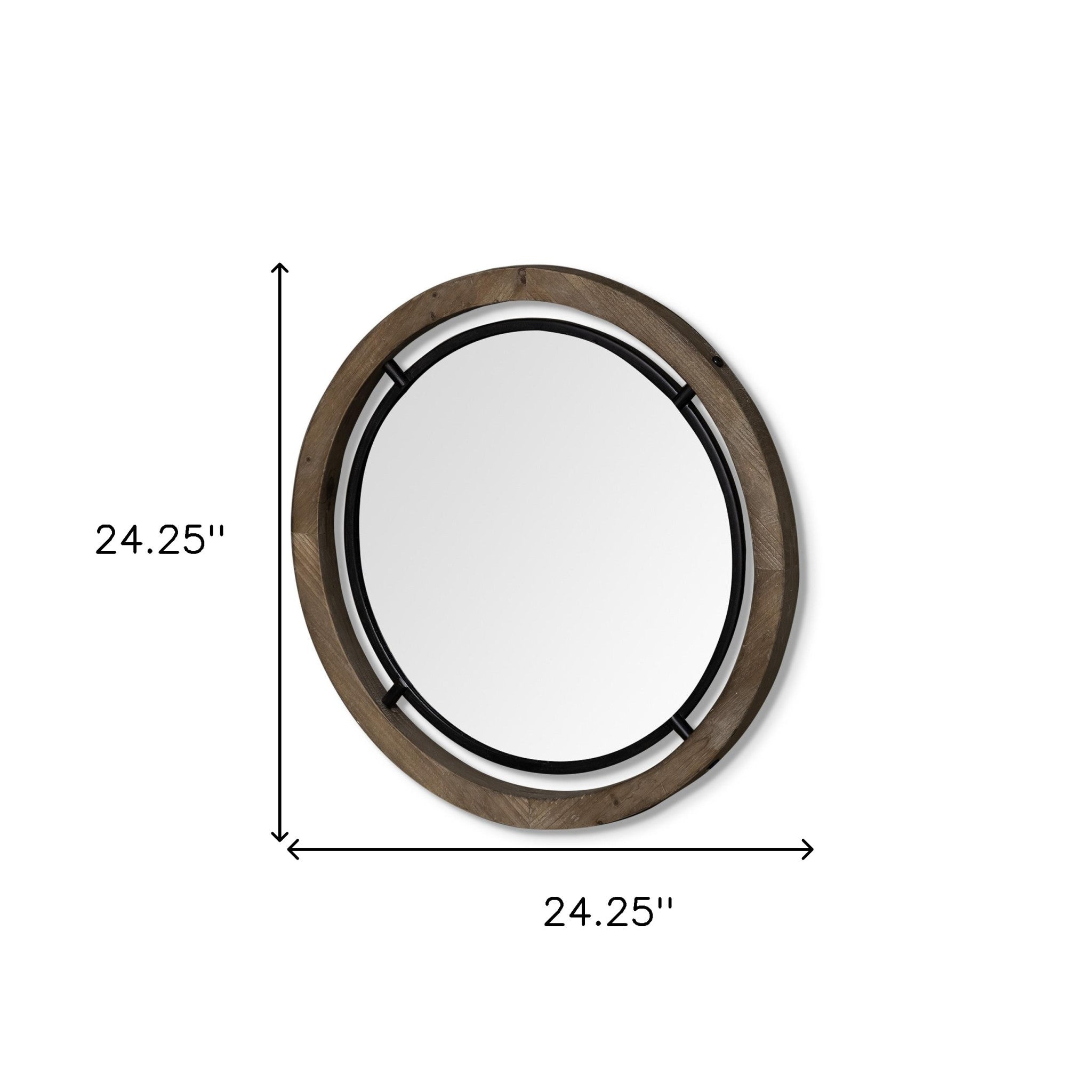 24" Brown And Black Round Metal And Wood Framed Accent Mirror-Mirrors-DECOROLALA