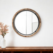 24" Brown And Black Round Metal And Wood Framed Accent Mirror-Mirrors-DECOROLALA