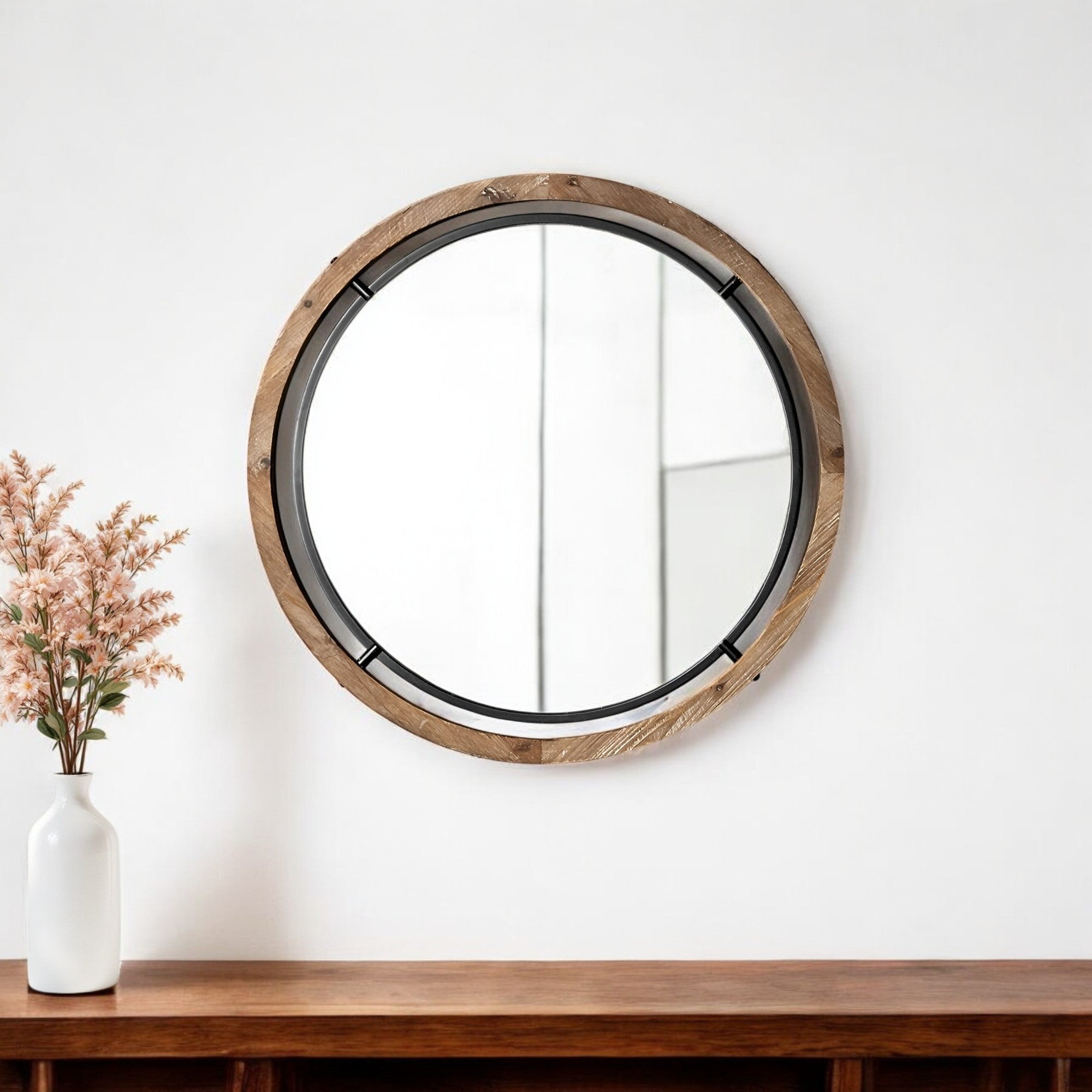 24" Brown And Black Round Metal And Wood Framed Accent Mirror-Mirrors-DECOROLALA