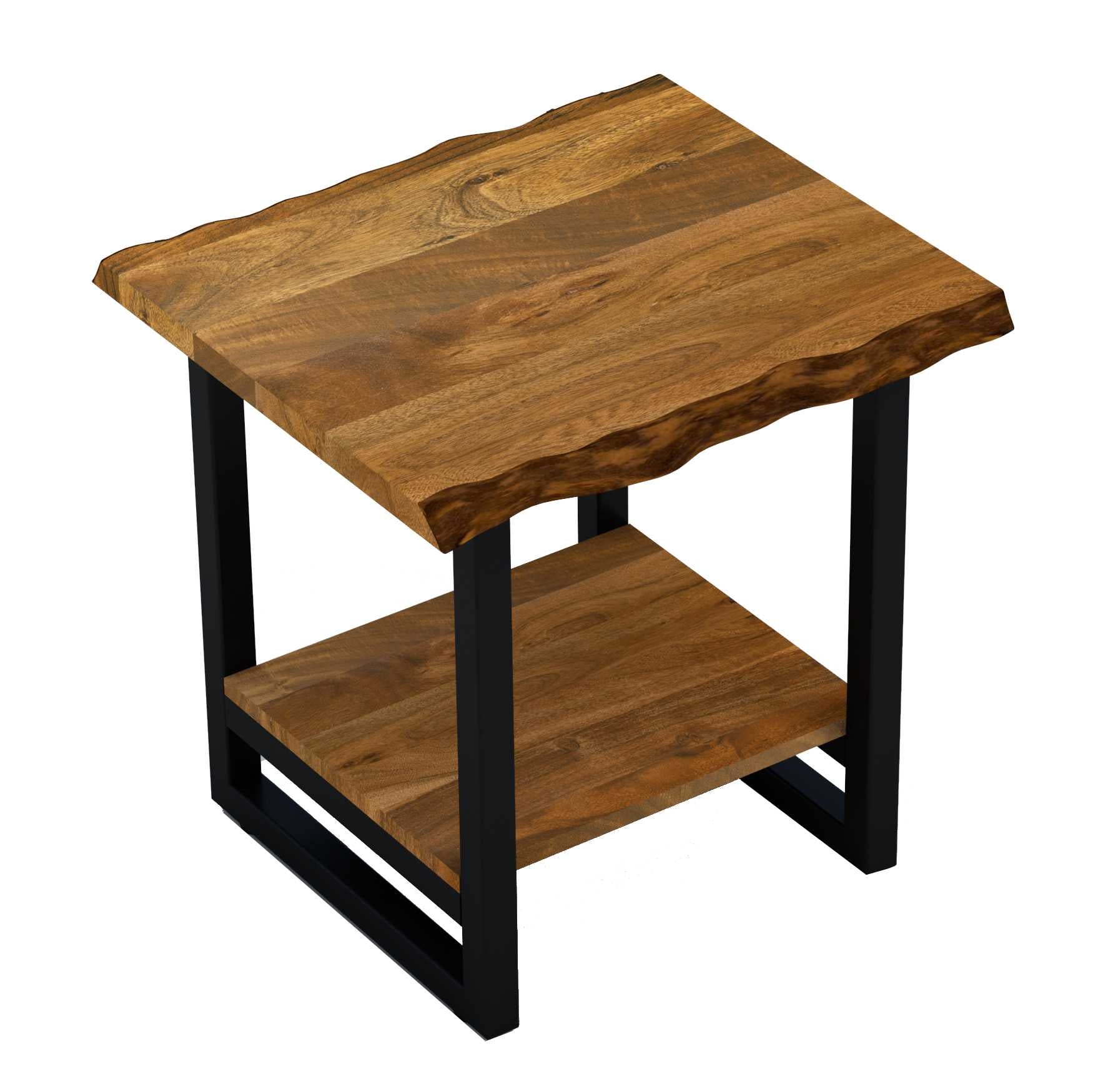 24" Brown And Black Solid Wood And Iron Square Frame End Table With Shelf-End-Side Tables-DECOROLALA