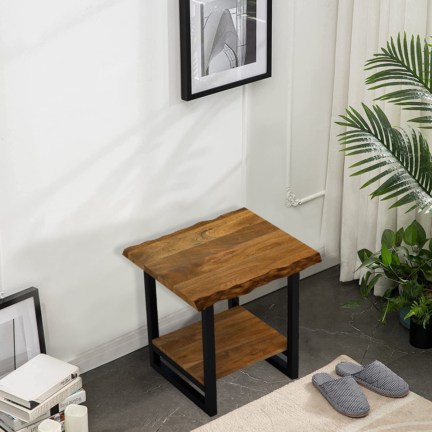 24" Brown And Black Solid Wood And Iron Square Frame End Table With Shelf-End-Side Tables-DECOROLALA