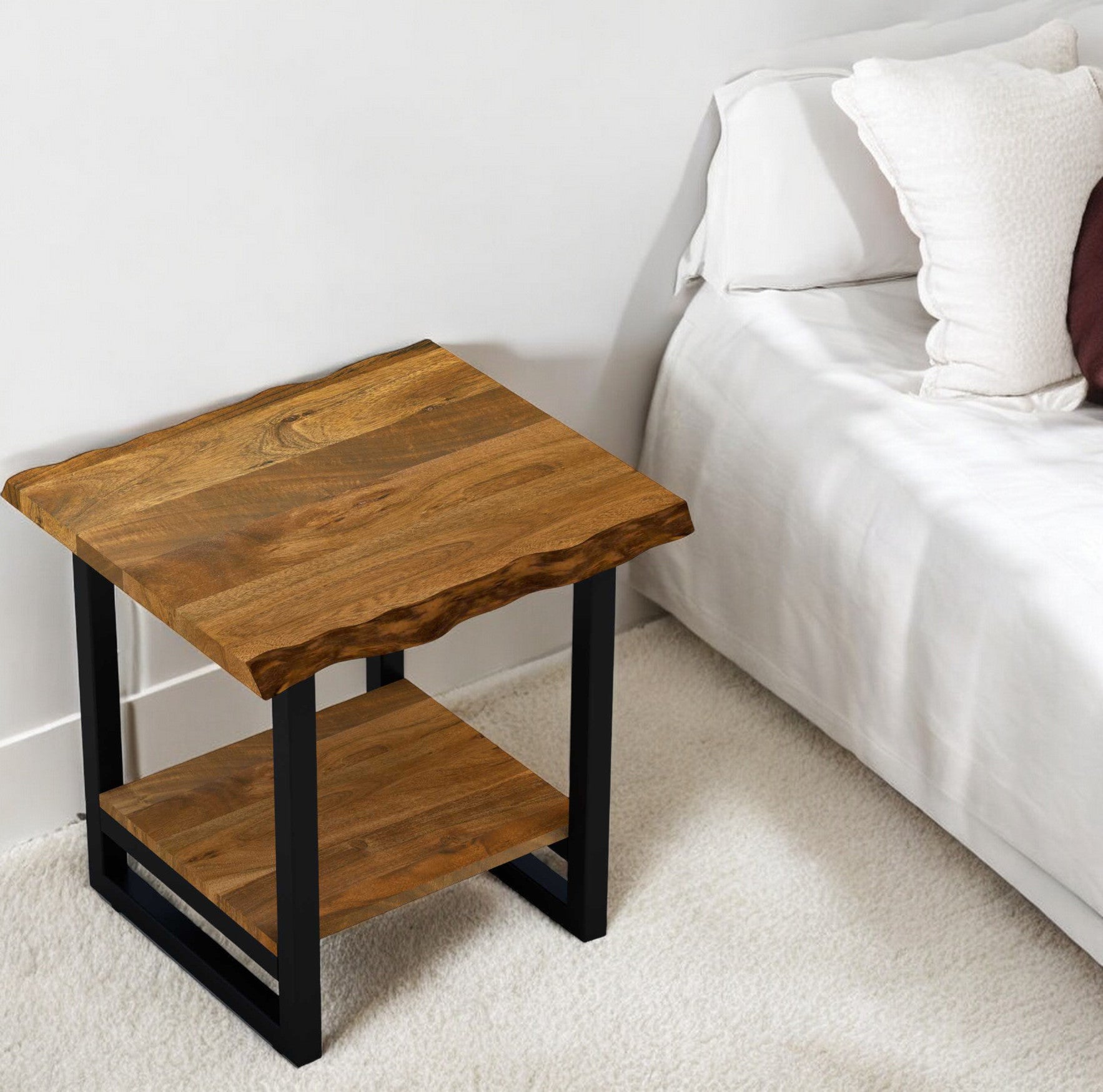 24" Brown And Black Solid Wood And Iron Square Frame End Table With Shelf-End-Side Tables-DECOROLALA