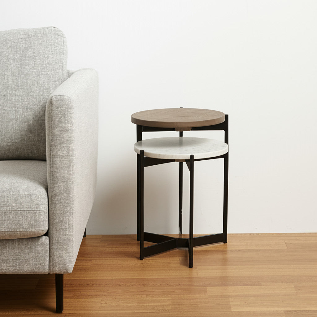 24" Brown And White Glass Round End Table-End-Side Tables-DECOROLALA