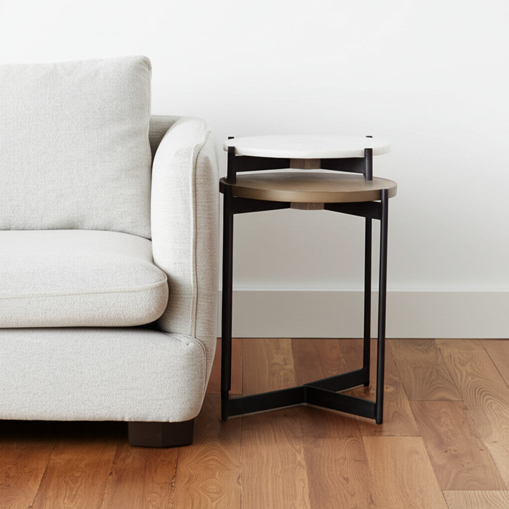 24" Brown And White Glass Round End Table-End-Side Tables-DECOROLALA