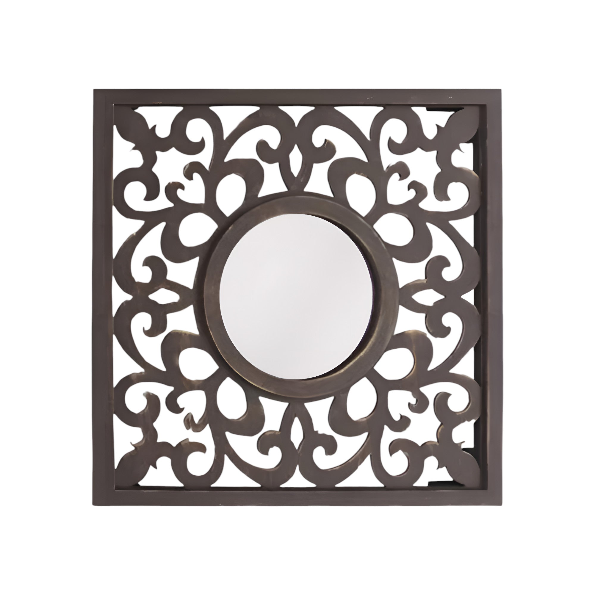 24" Brown Circle In Square Vintage Style Framed Accent Mirror-Mirrors-DECOROLALA