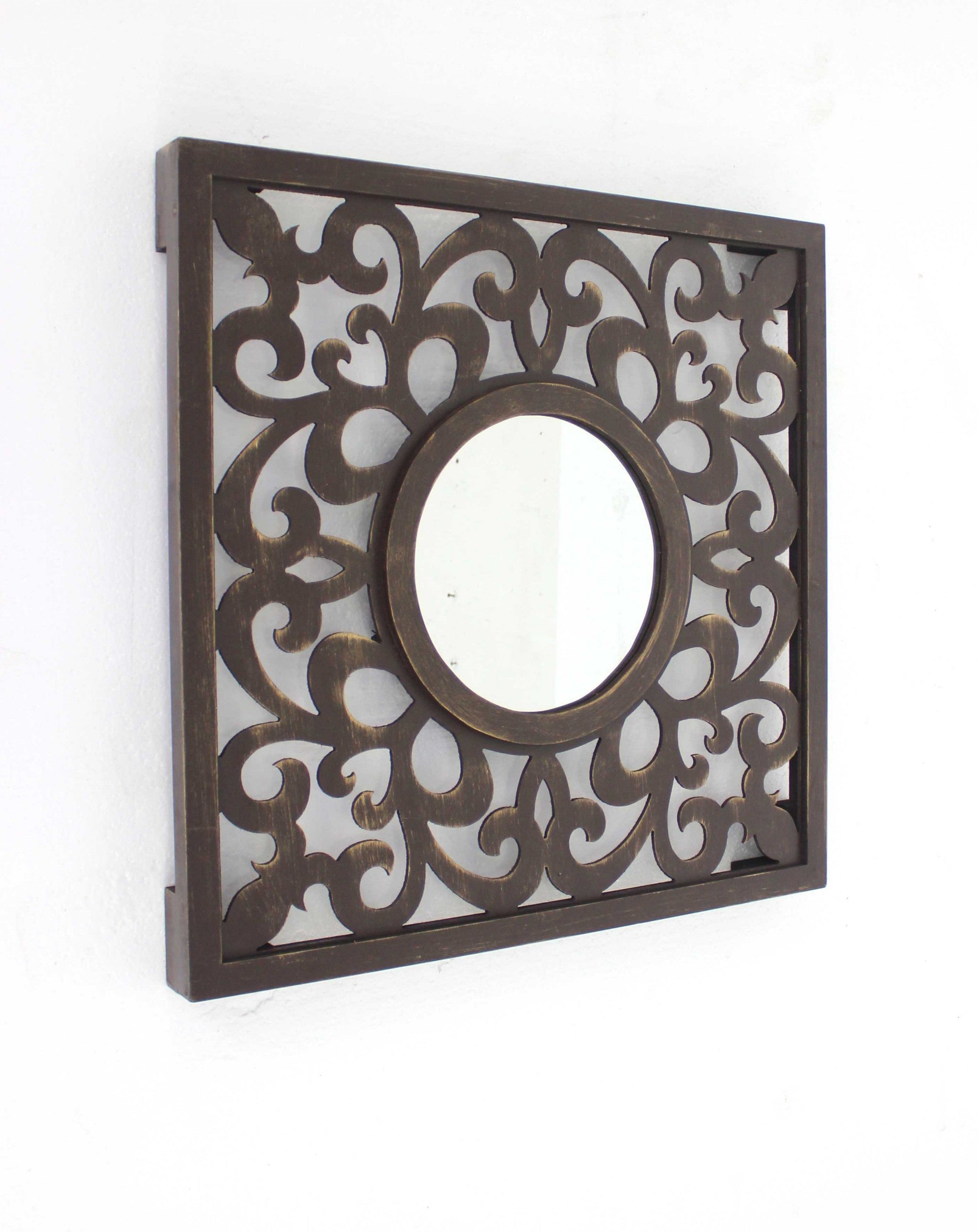 24" Brown Circle In Square Vintage Style Framed Accent Mirror-Mirrors-DECOROLALA