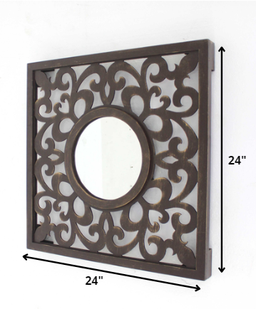 24" Brown Circle In Square Vintage Style Framed Accent Mirror-Mirrors-DECOROLALA