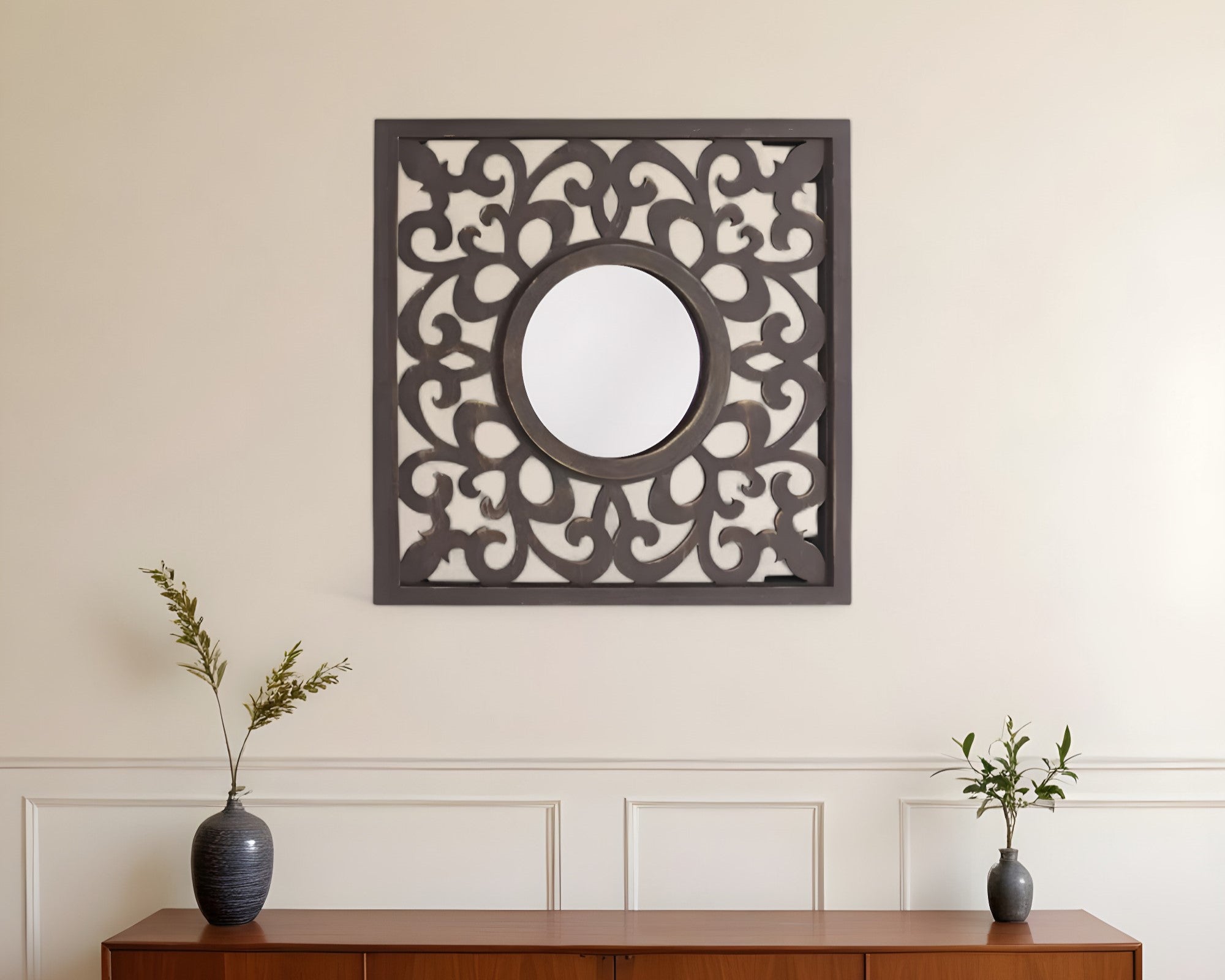 24" Brown Circle In Square Vintage Style Framed Accent Mirror-Mirrors-DECOROLALA