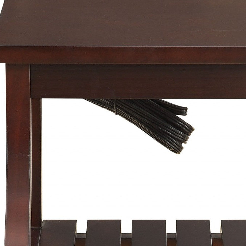 24" Brown Wood End Table With Two Shelves And USB Port-End-Side Tables-DECOROLALA