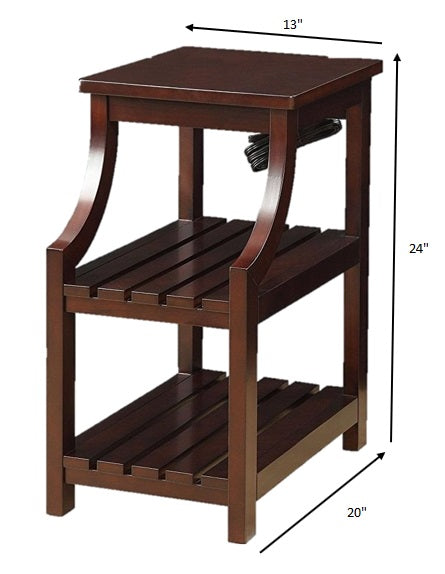 24" Brown Wood End Table With Two Shelves And USB Port-End-Side Tables-DECOROLALA