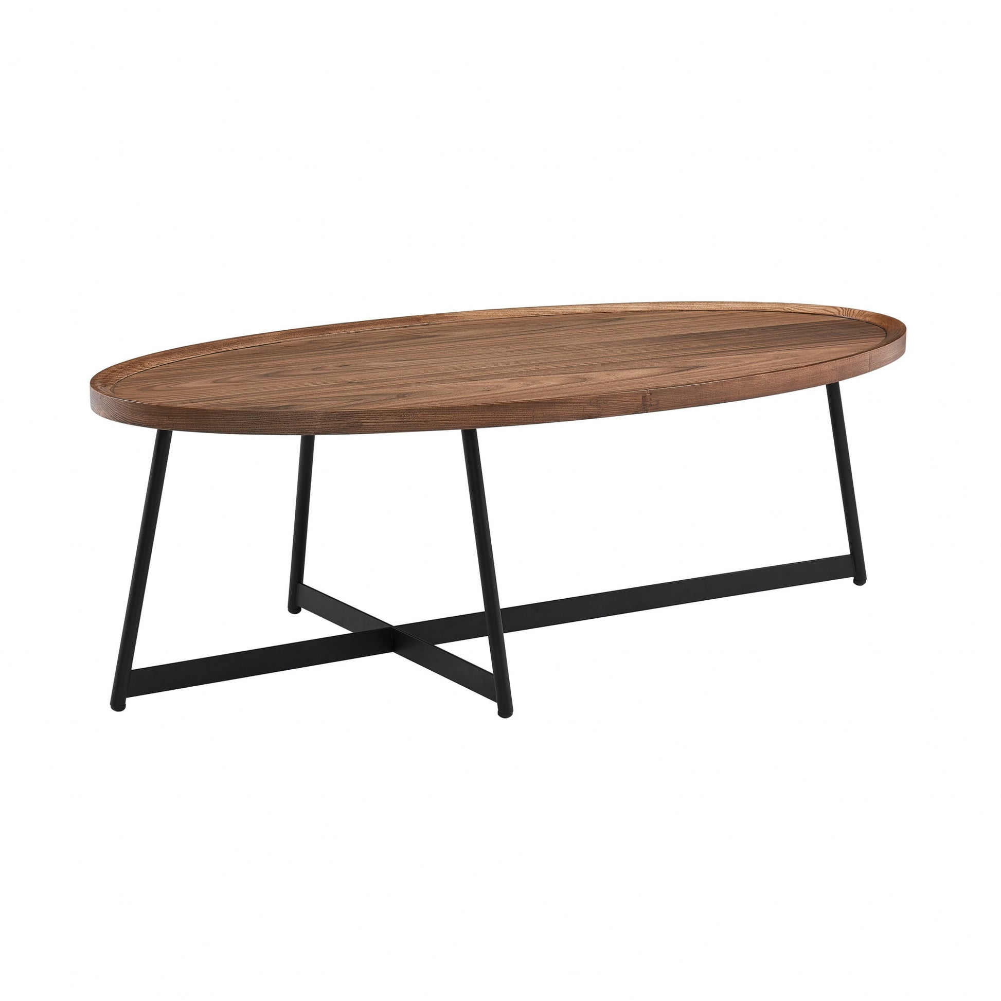 24" Brown and Black Wood And Metal Oval Frame Coffee Table-Coffee Tables-DECOROLALA