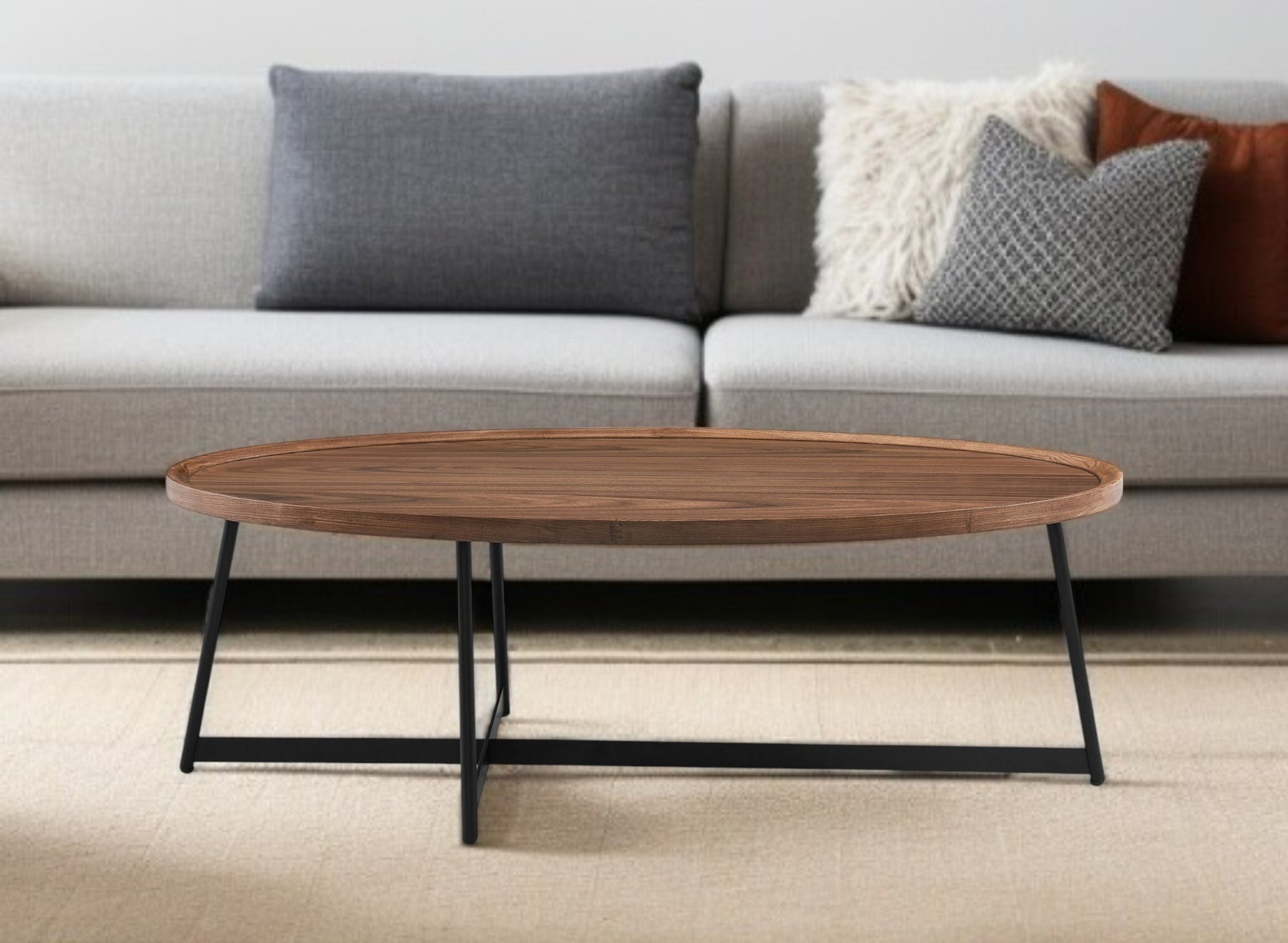 24" Brown and Black Wood And Metal Oval Frame Coffee Table-Coffee Tables-DECOROLALA