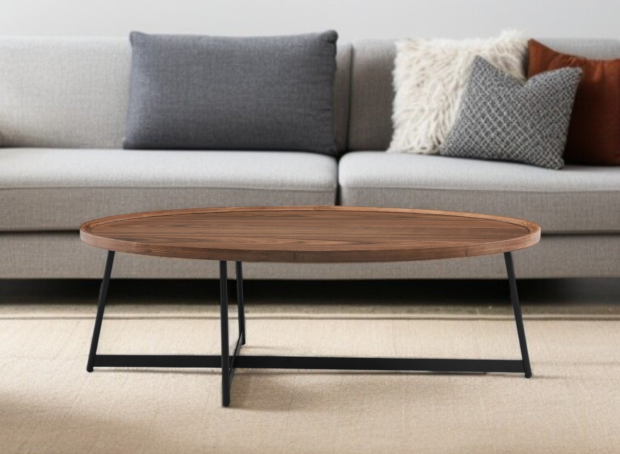 24" Brown and Black Wood And Metal Oval Frame Coffee Table-Coffee Tables-DECOROLALA