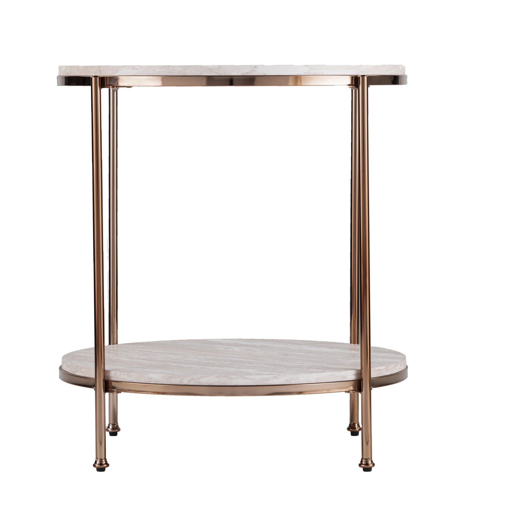 24" Champagne Faux Marble And Iron Round End Table With Shelf-End-Side Tables-DECOROLALA