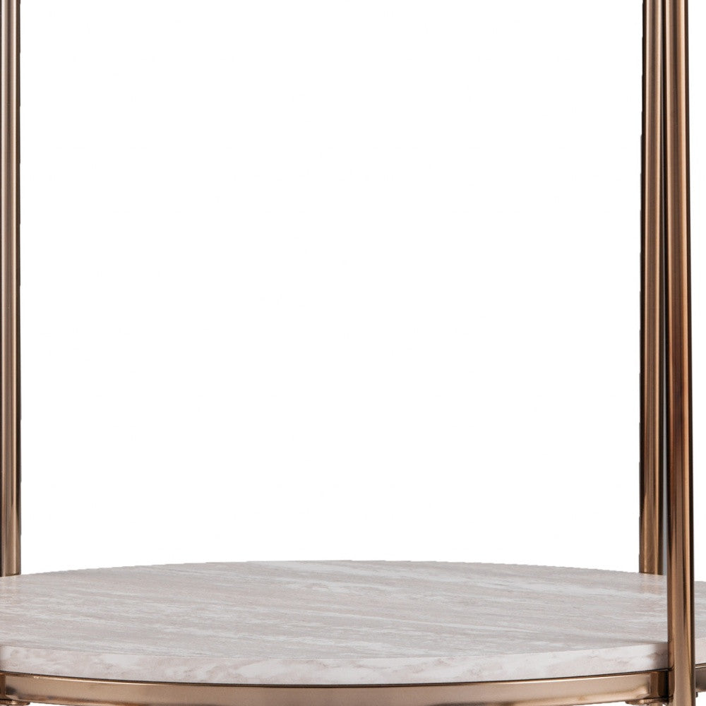 24" Champagne Faux Marble And Iron Round End Table With Shelf-End-Side Tables-DECOROLALA