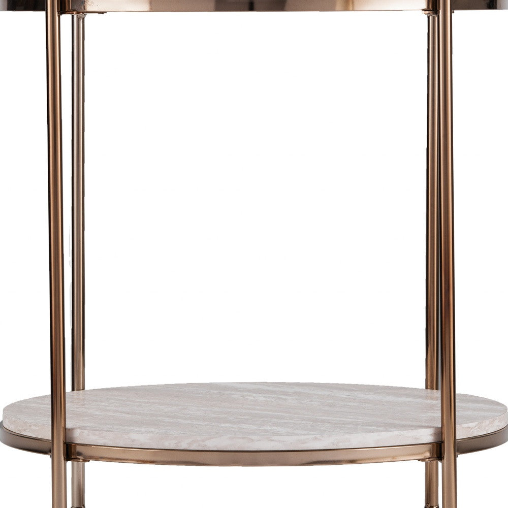 24" Champagne Faux Marble And Iron Round End Table With Shelf-End-Side Tables-DECOROLALA