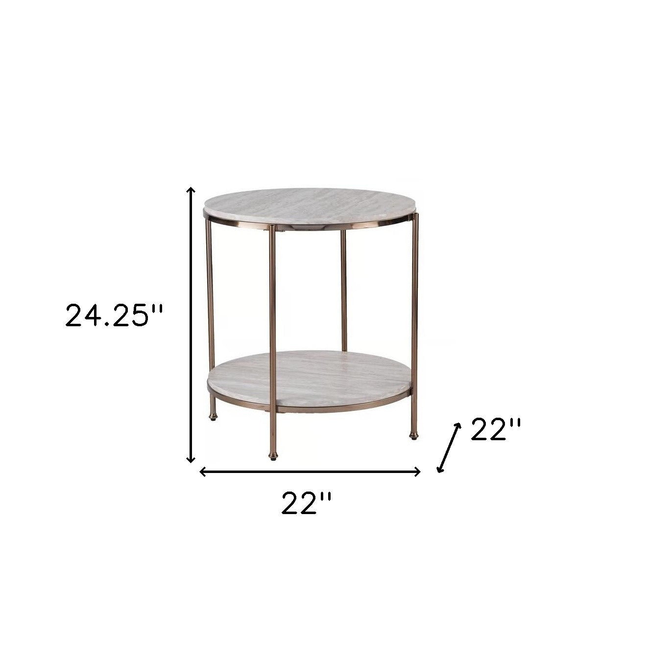 24" Champagne Faux Marble And Iron Round End Table With Shelf-End-Side Tables-DECOROLALA
