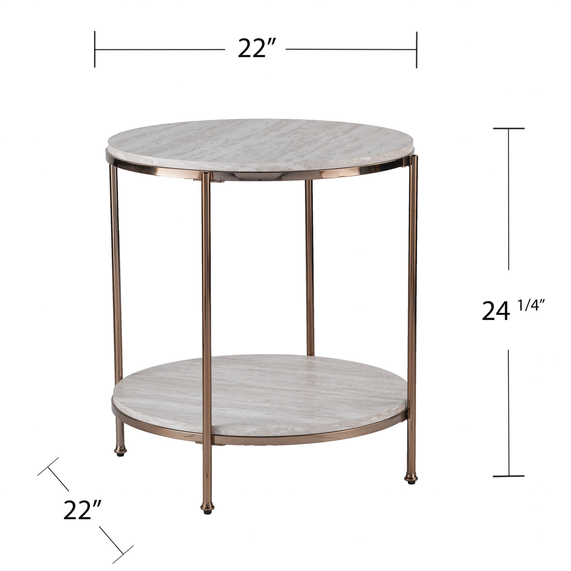 24" Champagne Faux Marble And Iron Round End Table With Shelf-End-Side Tables-DECOROLALA