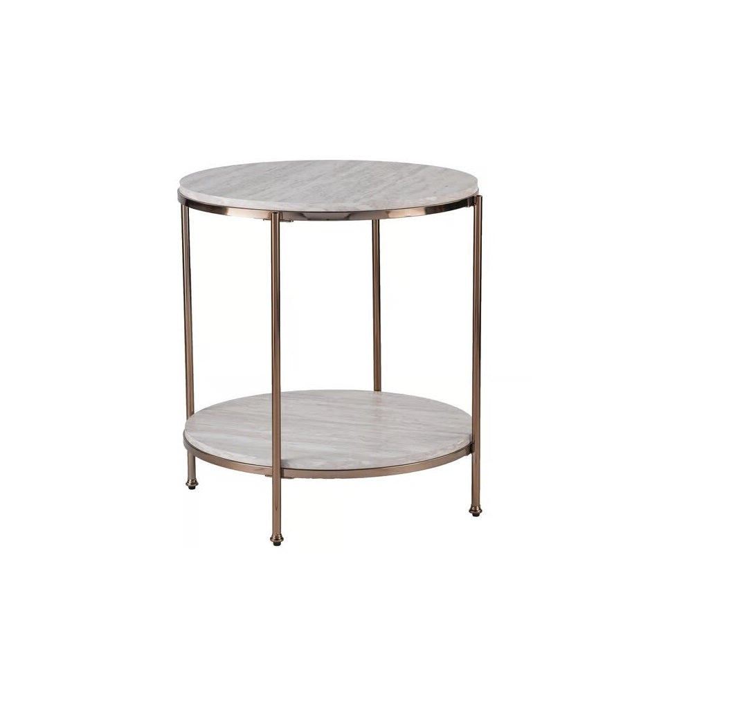 24" Champagne Faux Marble And Iron Round End Table With Shelf-End-Side Tables-DECOROLALA