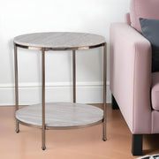 24" Champagne Faux Marble And Iron Round End Table With Shelf-End-Side Tables-DECOROLALA