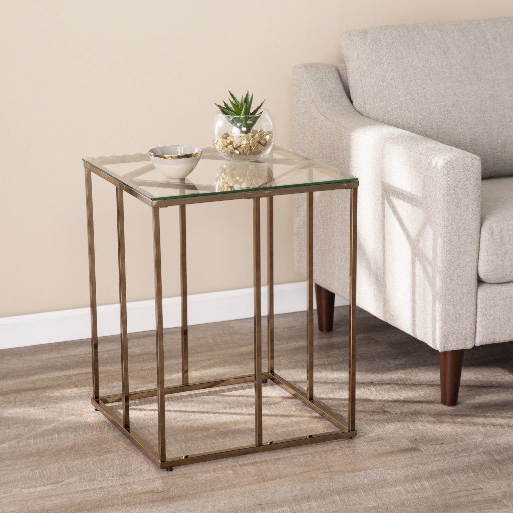 24" Champagne Glass And Iron Square End Table-End-Side Tables-DECOROLALA