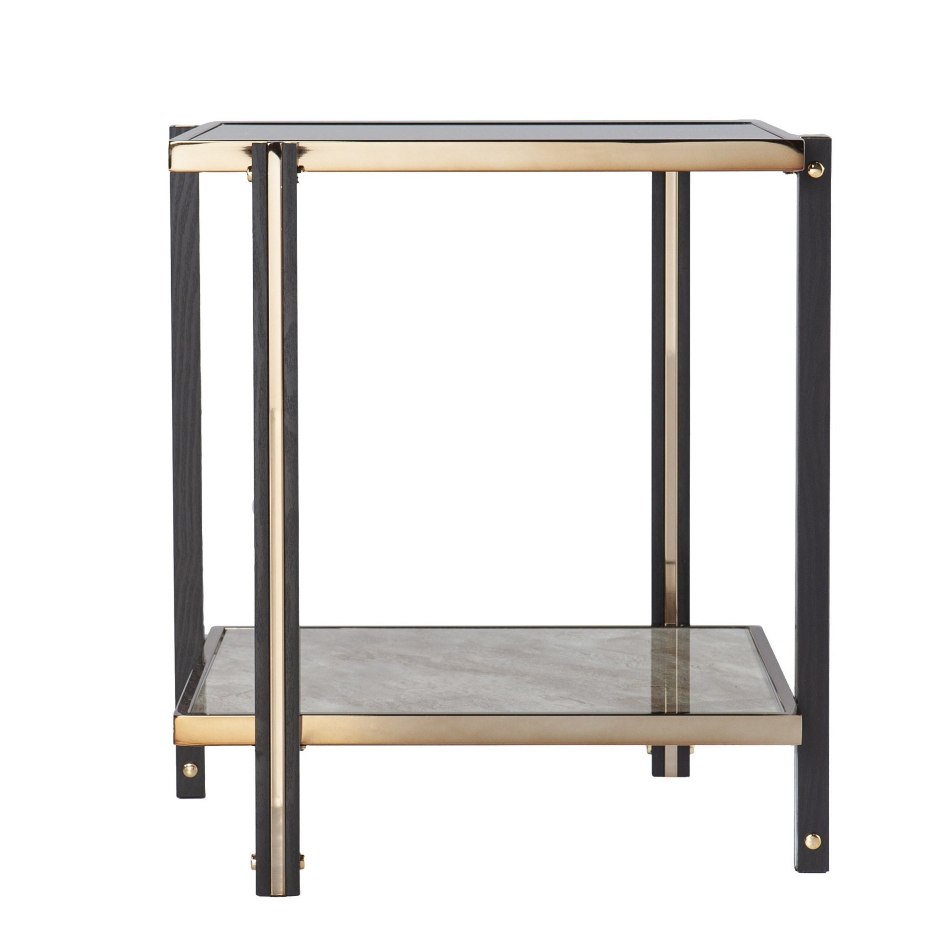 24" Champagne Glass And Iron Square Mirrored End Table With Shelf-End-Side Tables-DECOROLALA