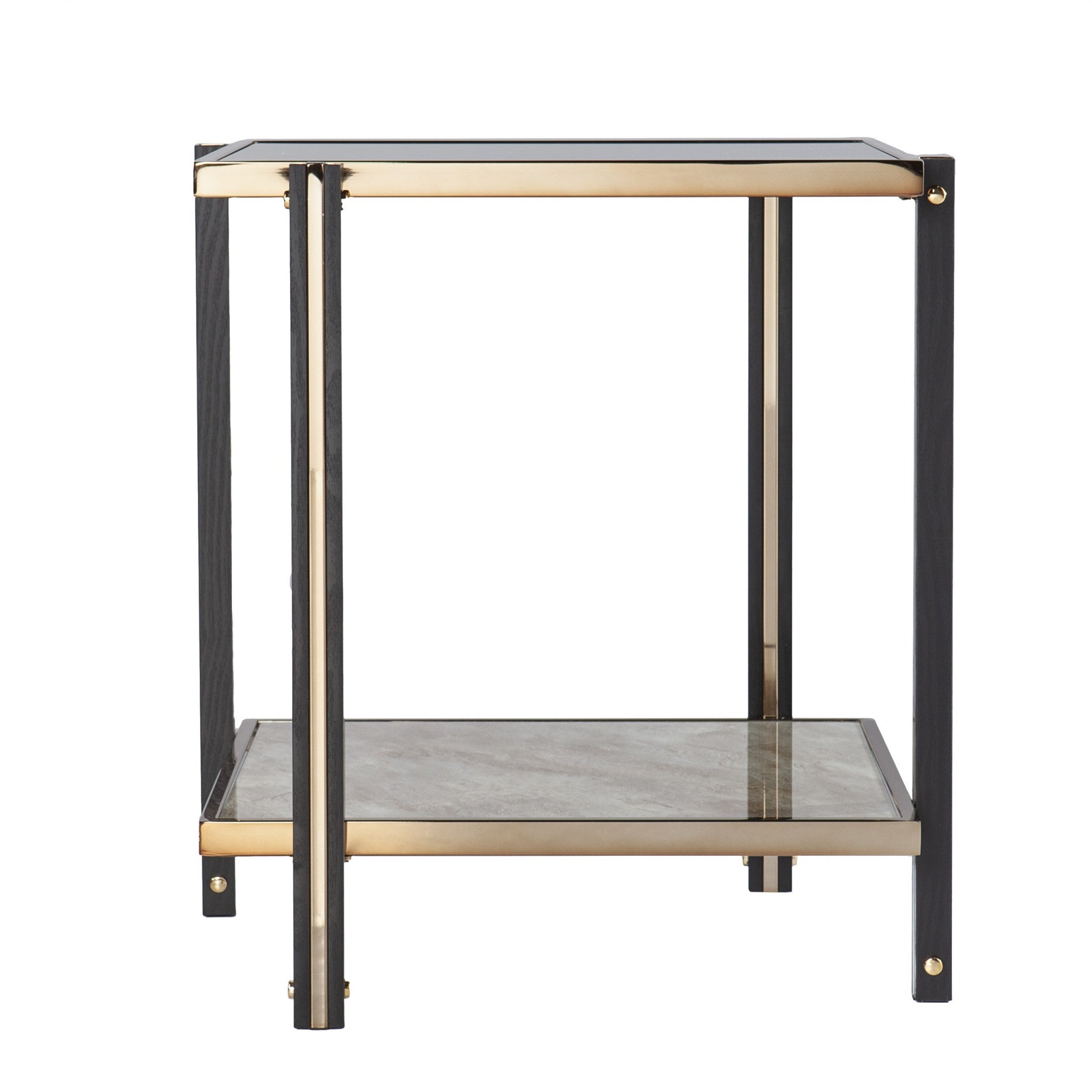 24" Champagne Glass And Iron Square Mirrored End Table With Shelf-End-Side Tables-DECOROLALA