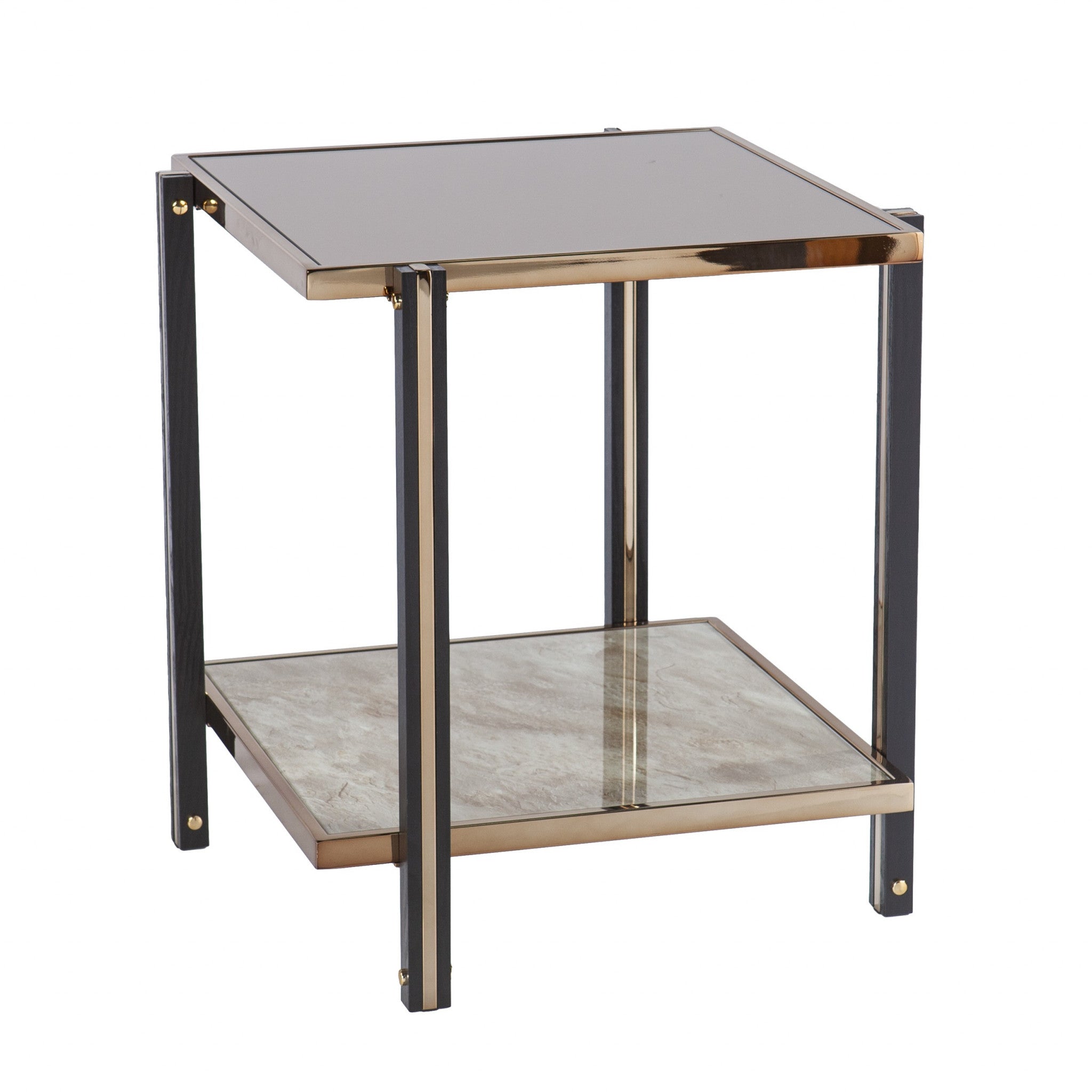 24" Champagne Glass And Iron Square Mirrored End Table With Shelf-End-Side Tables-DECOROLALA