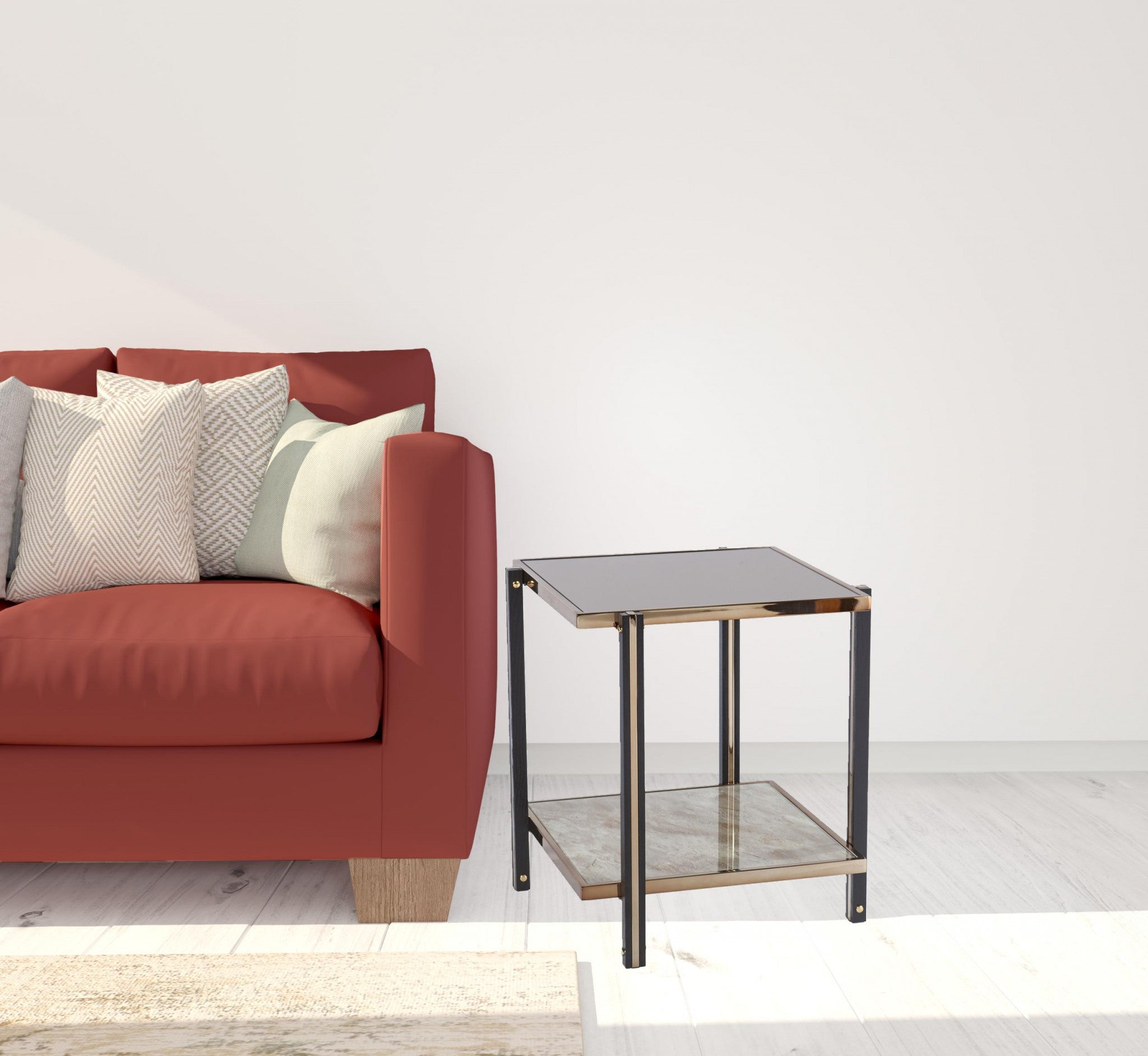 24" Champagne Glass And Iron Square Mirrored End Table With Shelf-End-Side Tables-DECOROLALA