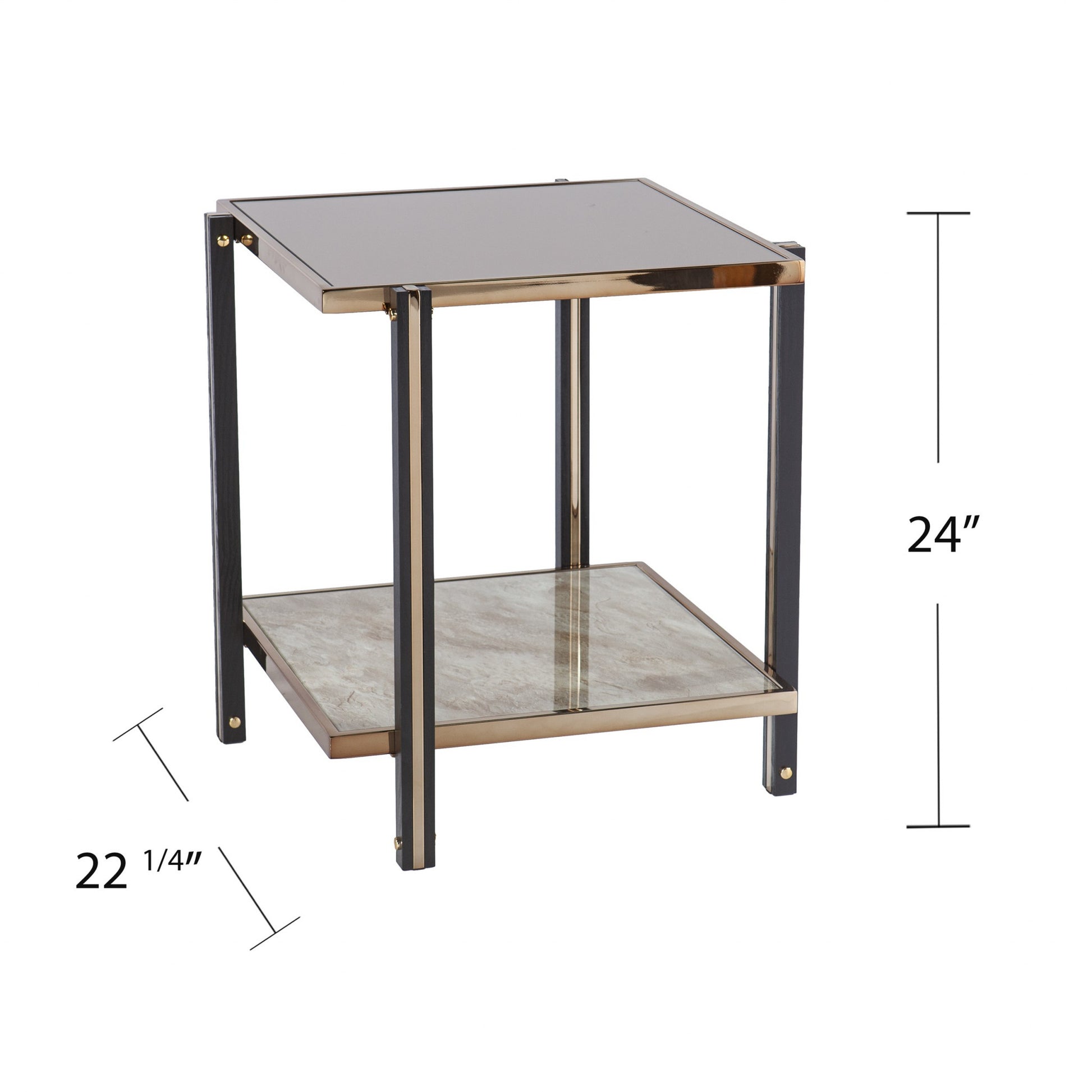 24" Champagne Glass And Iron Square Mirrored End Table With Shelf-End-Side Tables-DECOROLALA