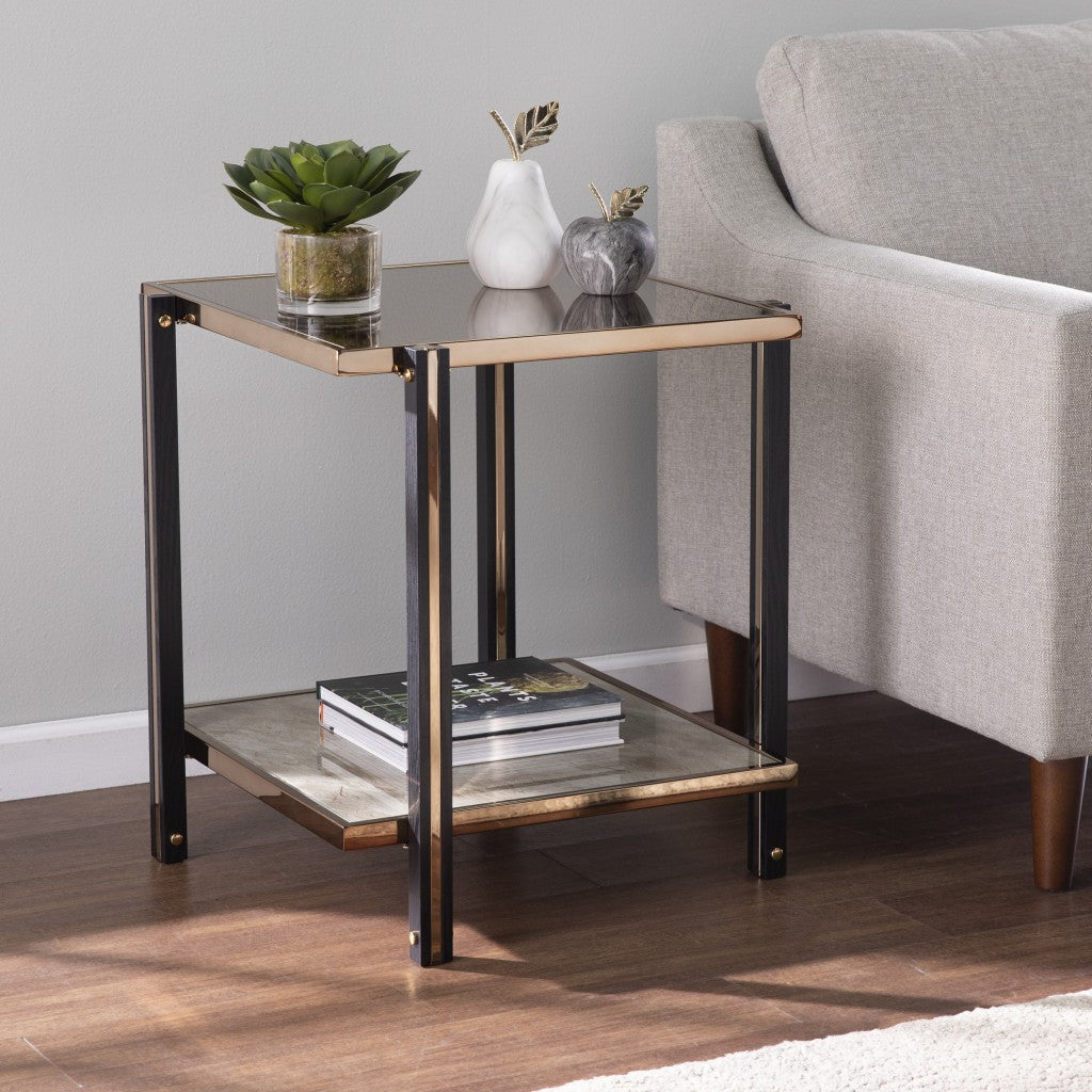 24" Champagne Glass And Iron Square Mirrored End Table With Shelf-End-Side Tables-DECOROLALA