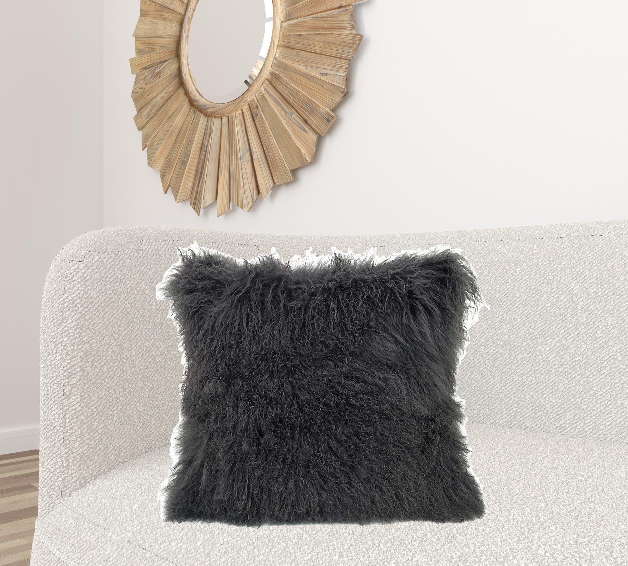 24" Charcoal Genuine Tibetan Lamb Fur Pillow With Microsuede Backing-Accent Throw Pillows-DECOROLALA