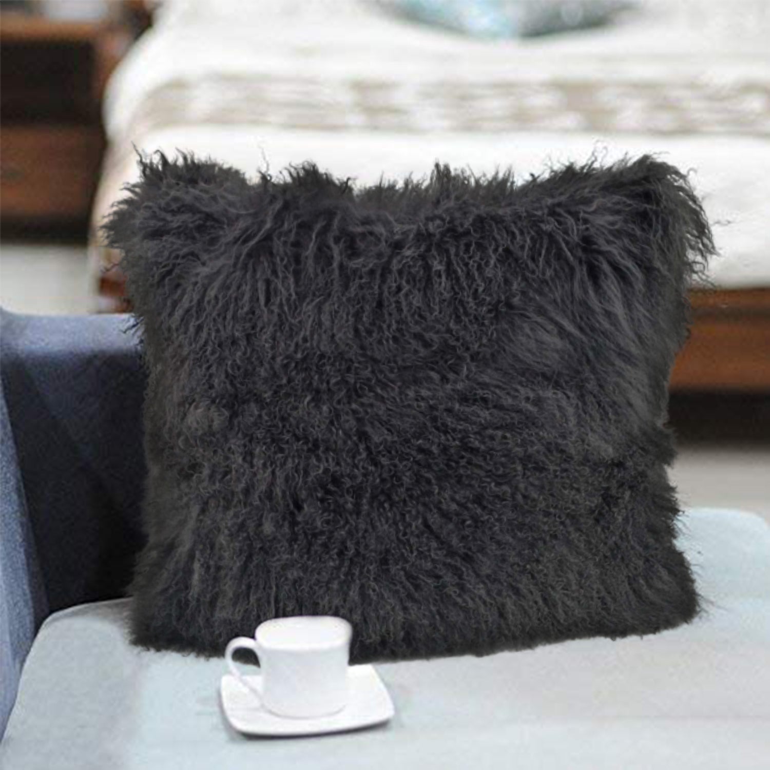 24" Charcoal Genuine Tibetan Lamb Fur Pillow With Microsuede Backing-Accent Throw Pillows-DECOROLALA