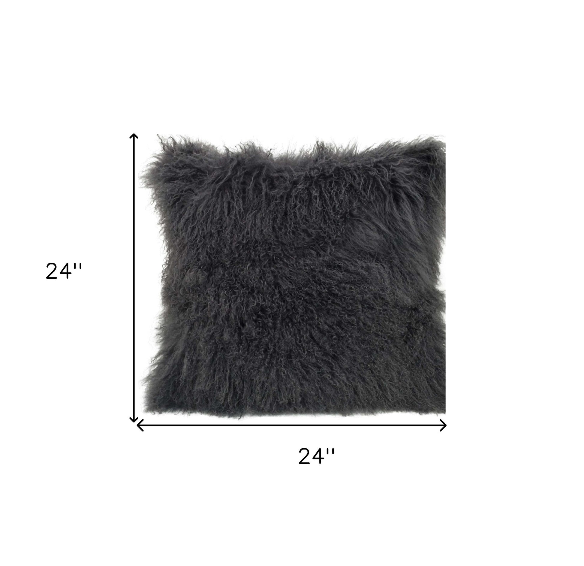 24" Charcoal Genuine Tibetan Lamb Fur Pillow With Microsuede Backing-Accent Throw Pillows-DECOROLALA