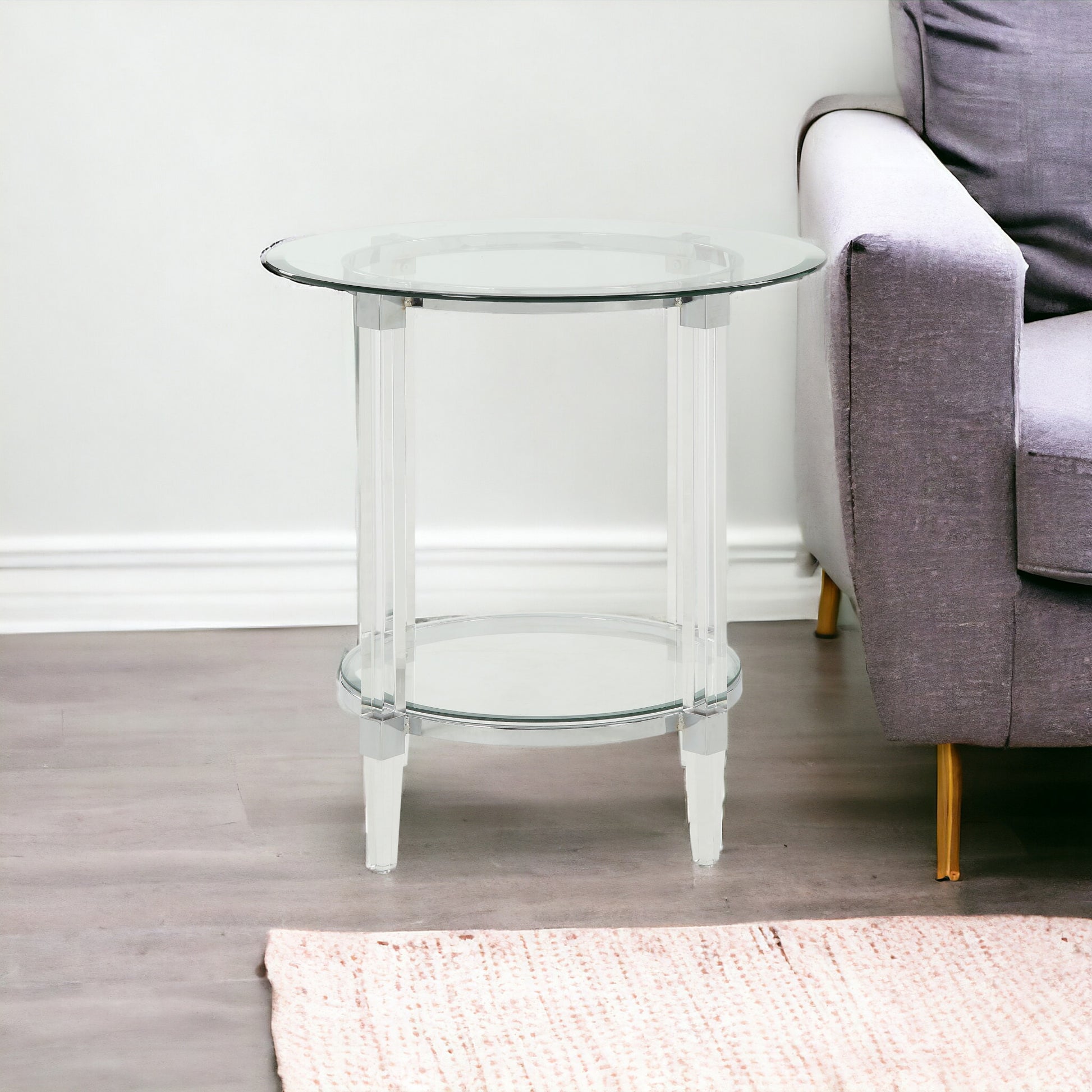 24" Clear Acrylic And Clear Glass Round End Table With Magazine Holder-End-Side Tables-DECOROLALA