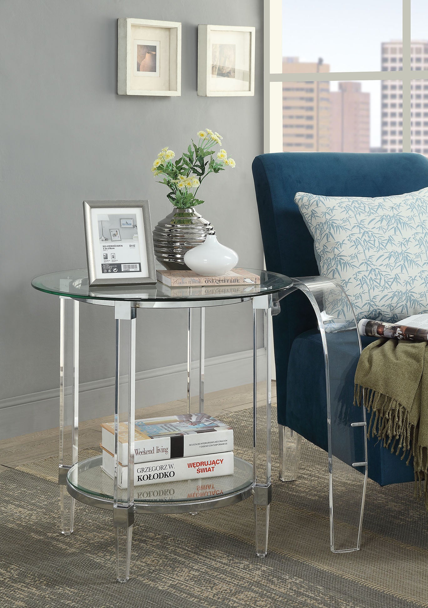 24" Clear Acrylic And Clear Glass Round End Table With Magazine Holder-End-Side Tables-DECOROLALA