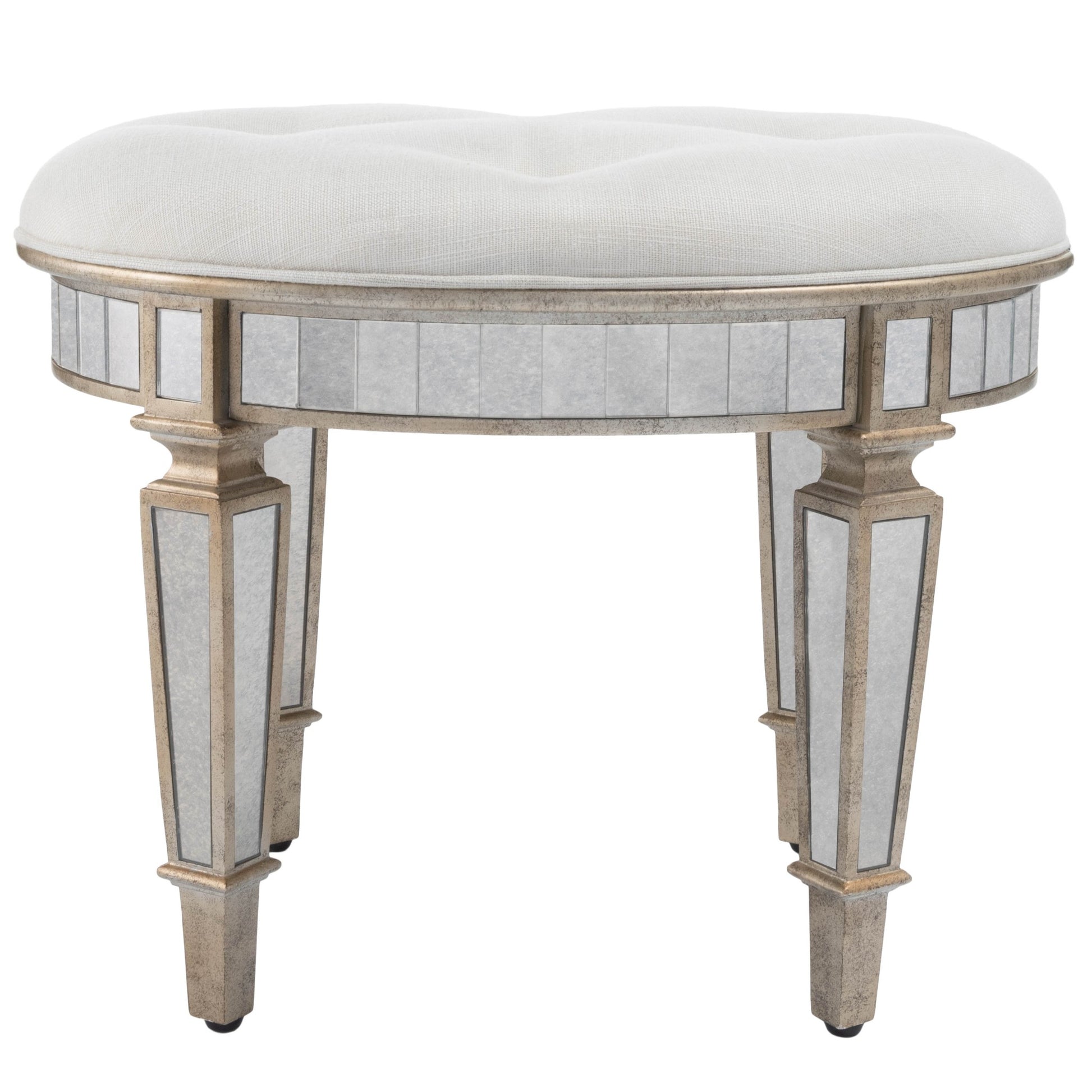 24" Cream Linen And Silver Metallic Round Ottoman-Ottomans-DECOROLALA