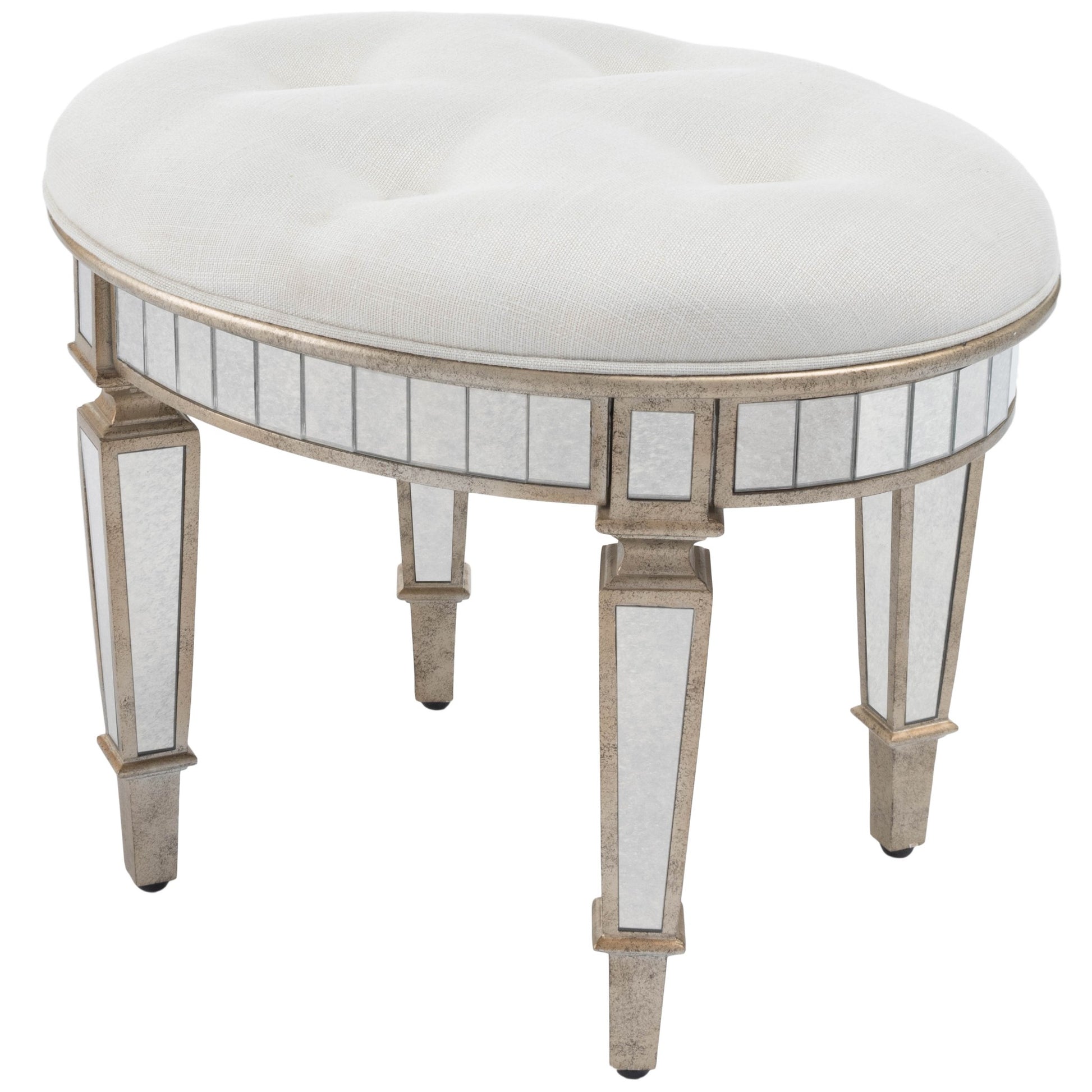 24" Cream Linen And Silver Metallic Round Ottoman-Ottomans-DECOROLALA
