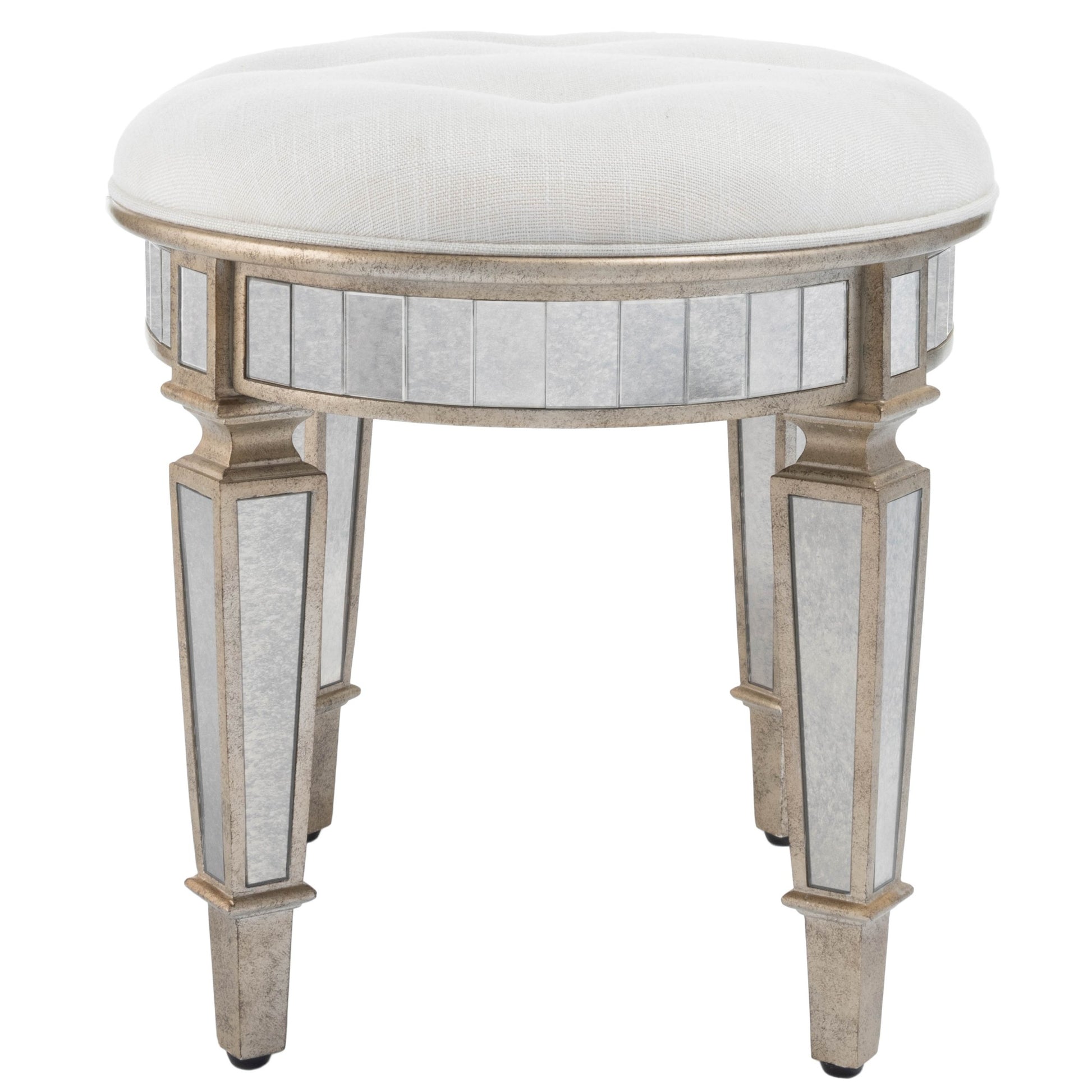 24" Cream Linen And Silver Metallic Round Ottoman-Ottomans-DECOROLALA