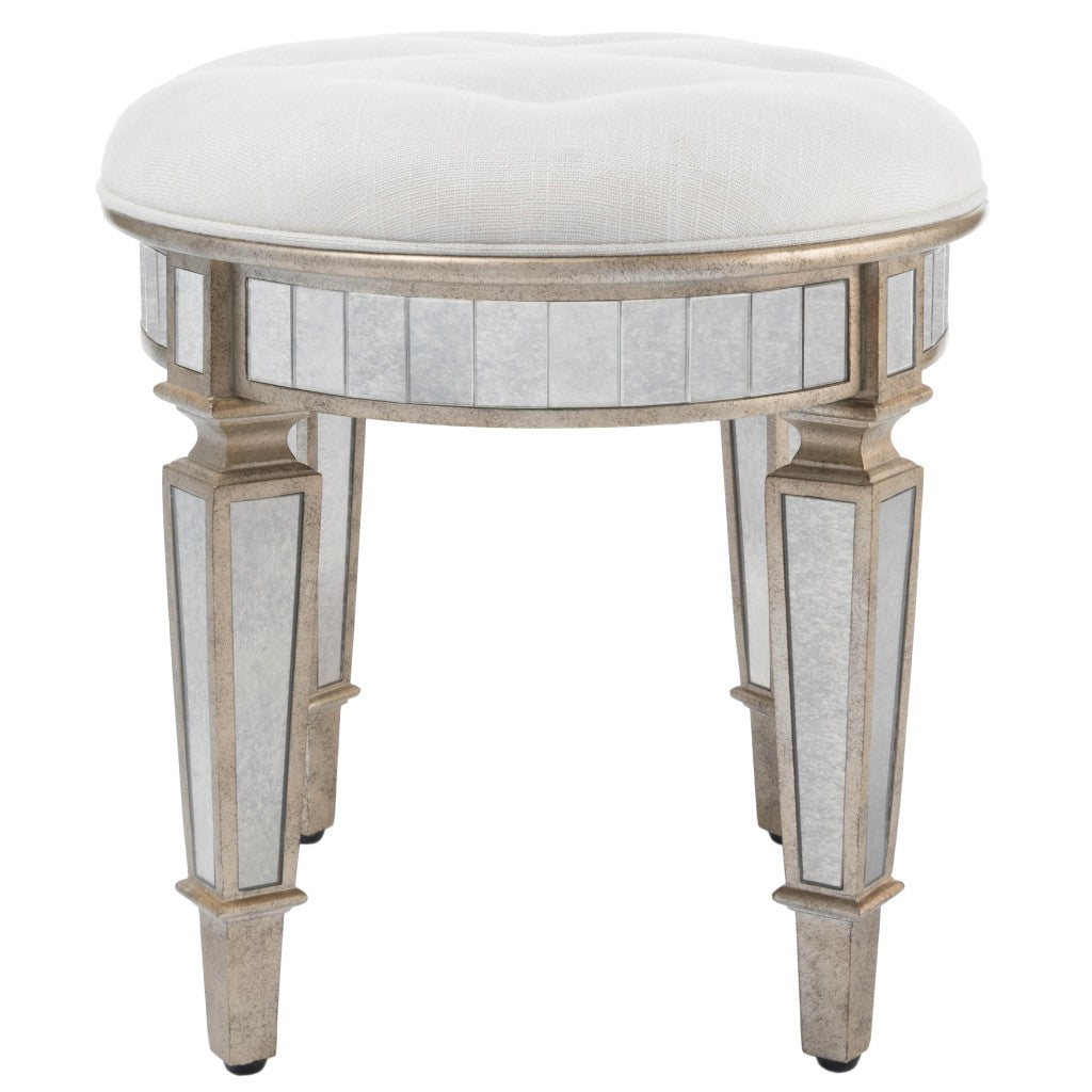 24" Cream Linen And Silver Metallic Round Ottoman-Ottomans-DECOROLALA