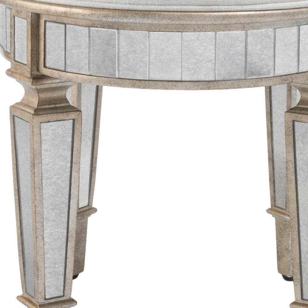 24" Cream Linen And Silver Metallic Round Ottoman-Ottomans-DECOROLALA