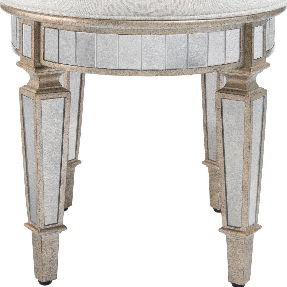 24" Cream Linen And Silver Metallic Round Ottoman-Ottomans-DECOROLALA