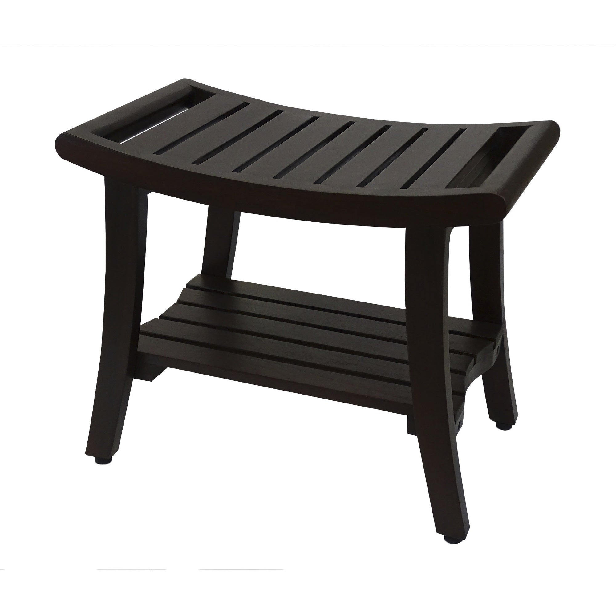 24" Dark Brown Freestanding Teak Shower Bench With Shelf And Handles-Shower Benches-DECOROLALA