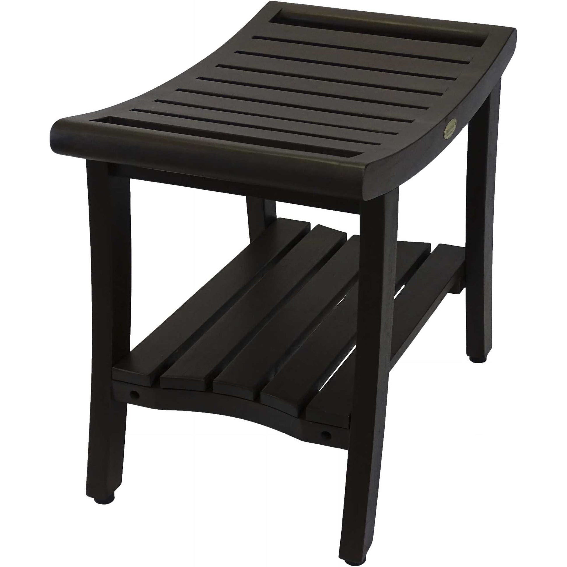 24" Dark Brown Freestanding Teak Shower Bench With Shelf And Handles-Shower Benches-DECOROLALA