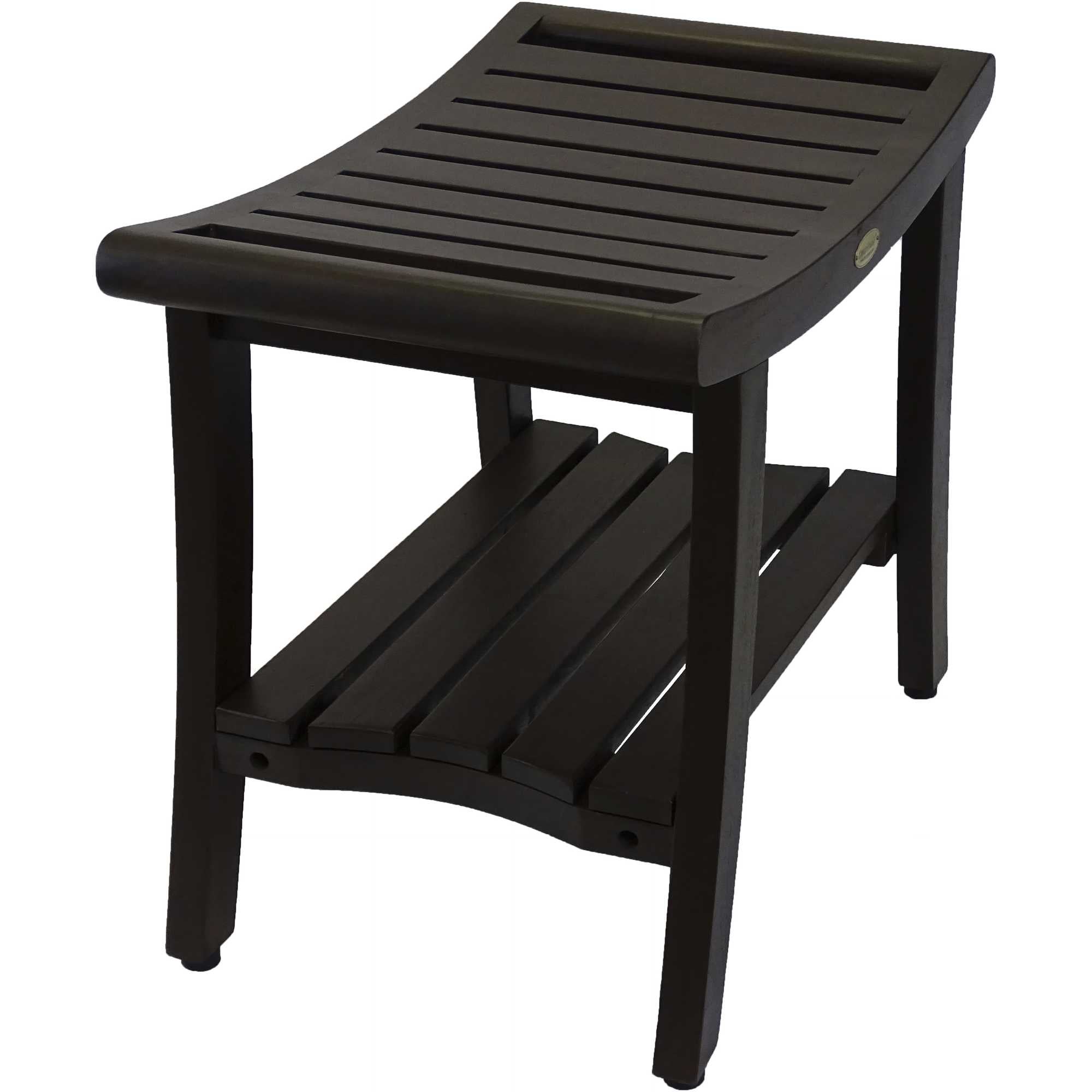 24" Dark Brown Freestanding Teak Shower Bench With Shelf And Handles-Shower Benches-DECOROLALA